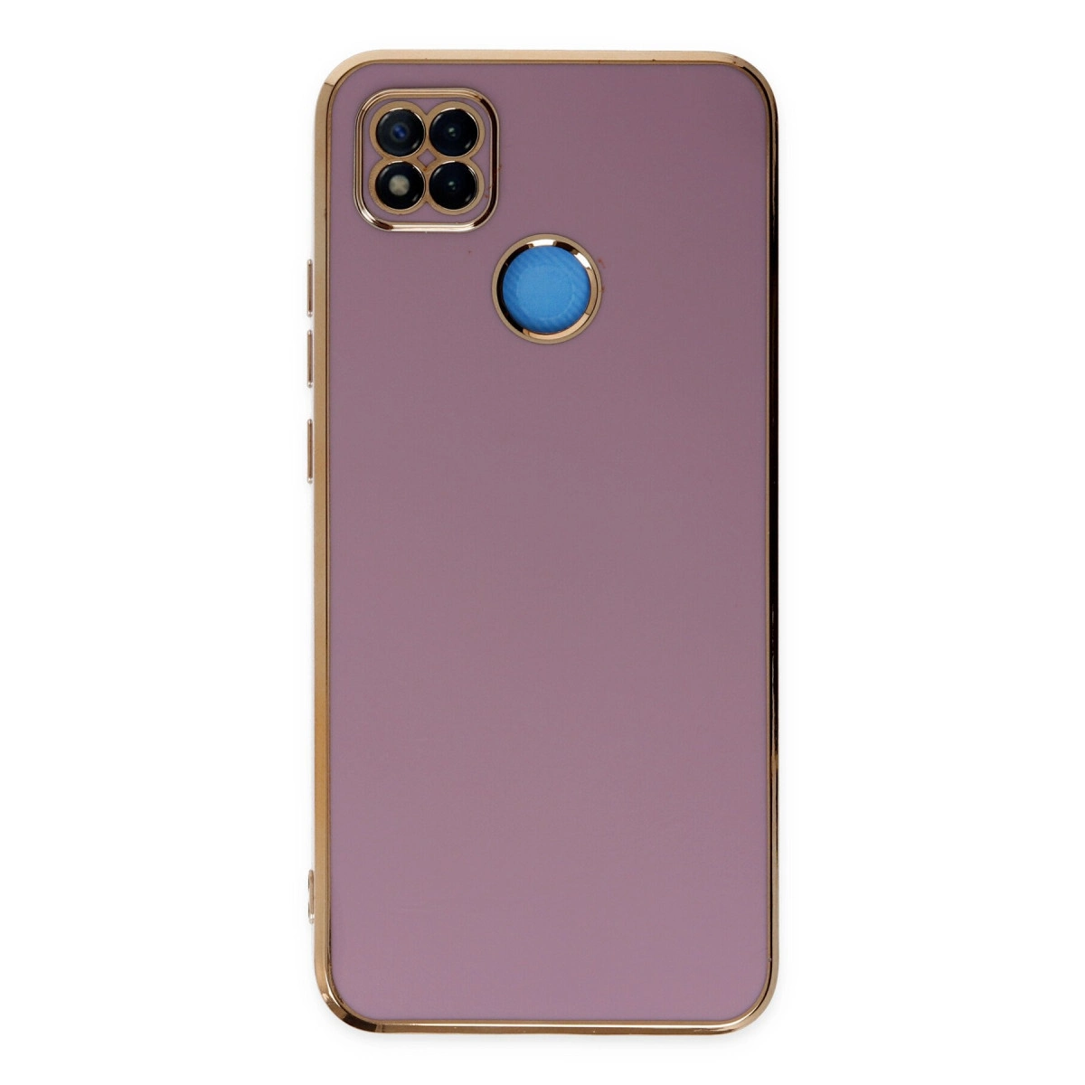 Dört kameralı ve mavi dairesel detaylı mor telefon kılıfı.