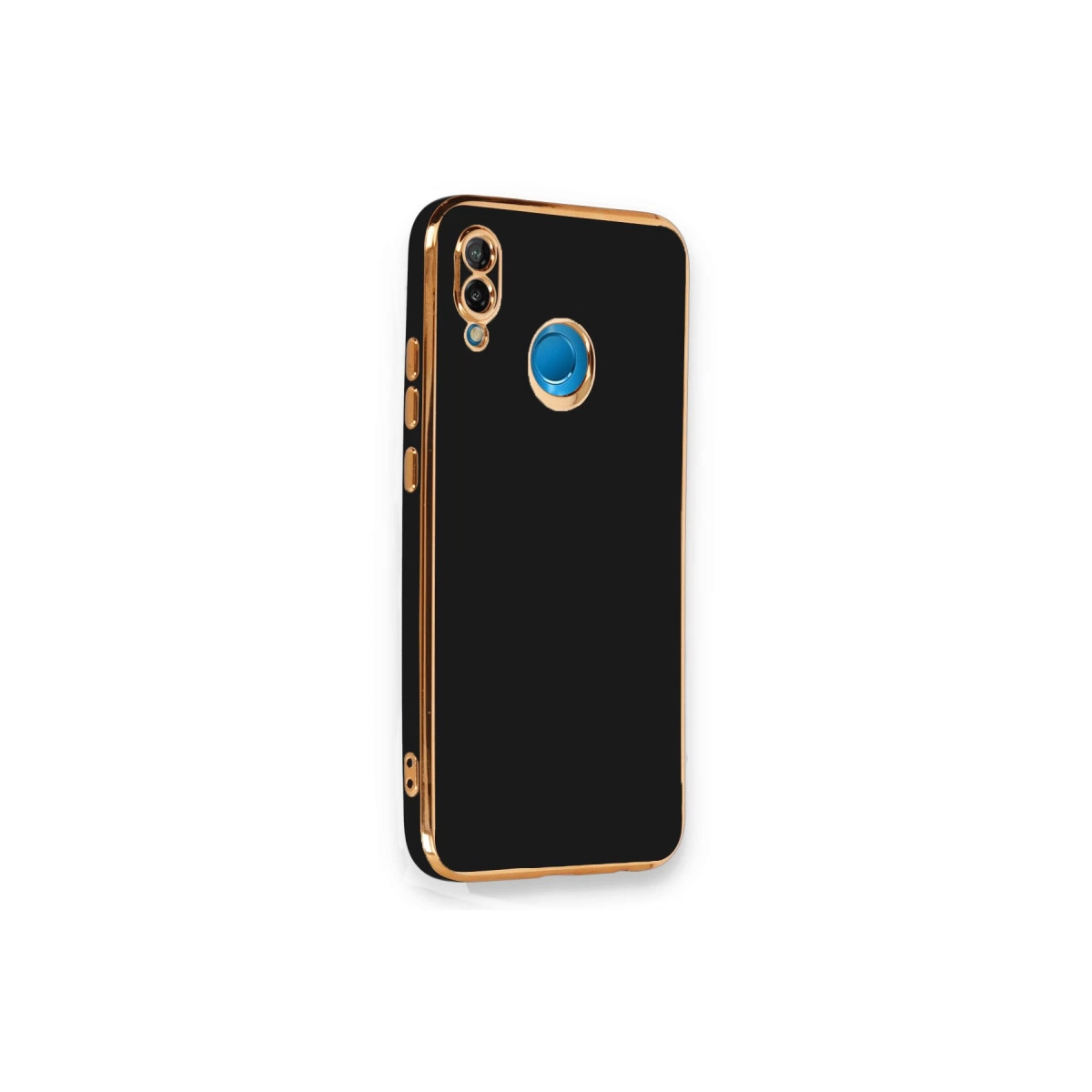 Altın kenarlı ve kamera kesimli siyah telefon kılıfı.