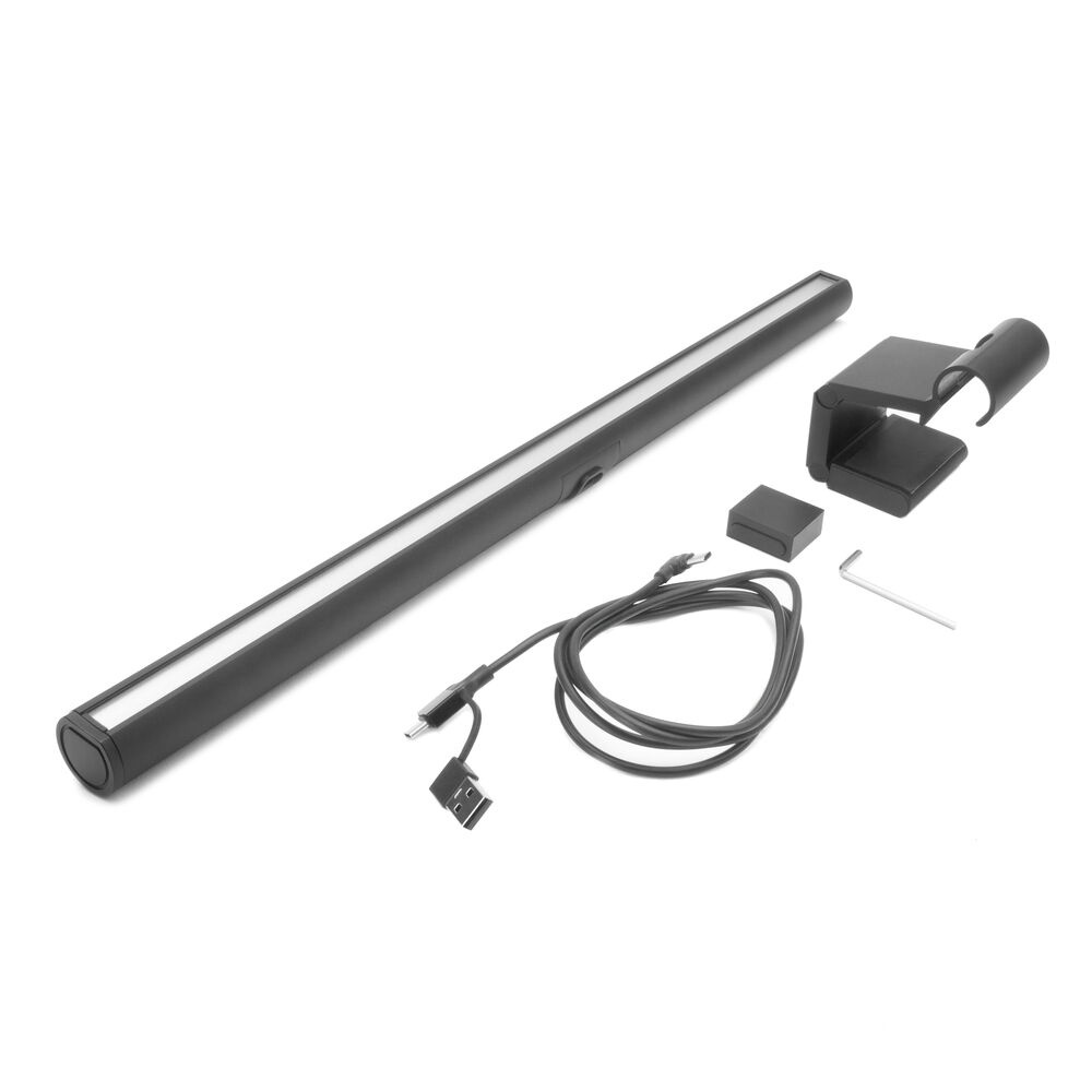 Ein schwarzer LED-Balken mit Zubehör: Kabel, Halterung, Adapter und Inbusschlüssel.