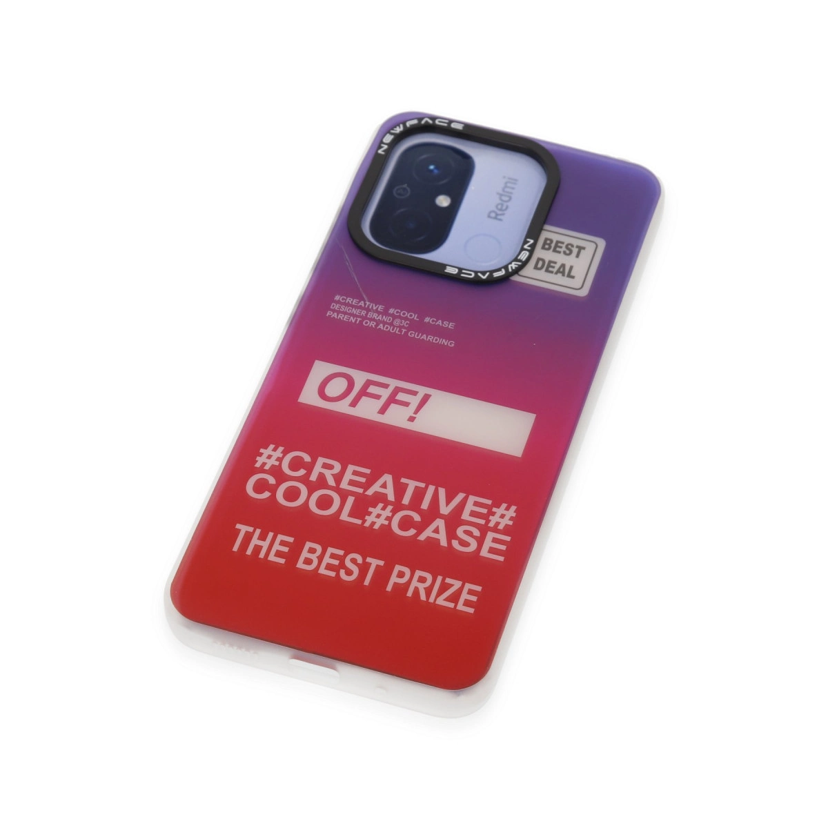 Mor-kırmızı geçişli telefon kılıfı, "OFF!" ve hashtag'ler gibi metinler içerir.