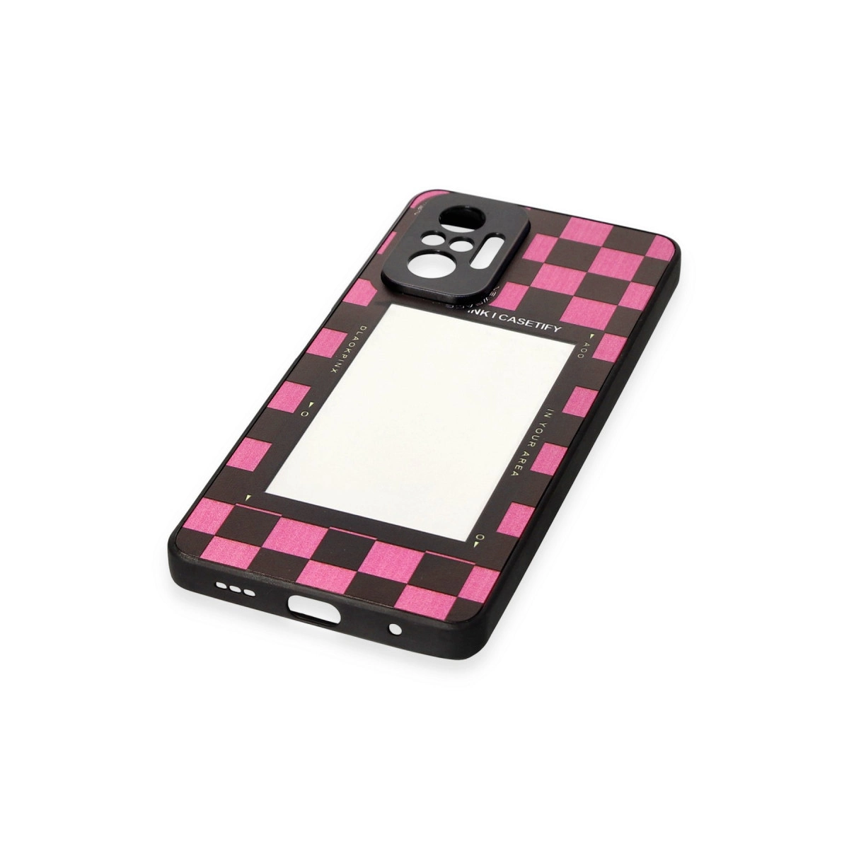 Pembe kareli desenli ve beyaz orta panelli siyah telefon kılıfı.