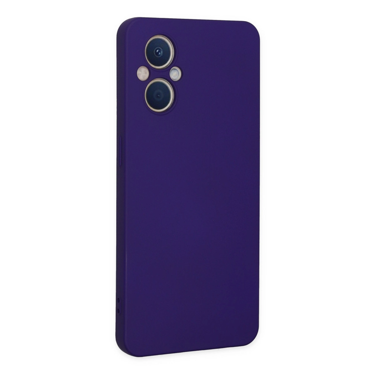 Çift lensli kamera modülüne sahip koyu mor telefon kılıfı.