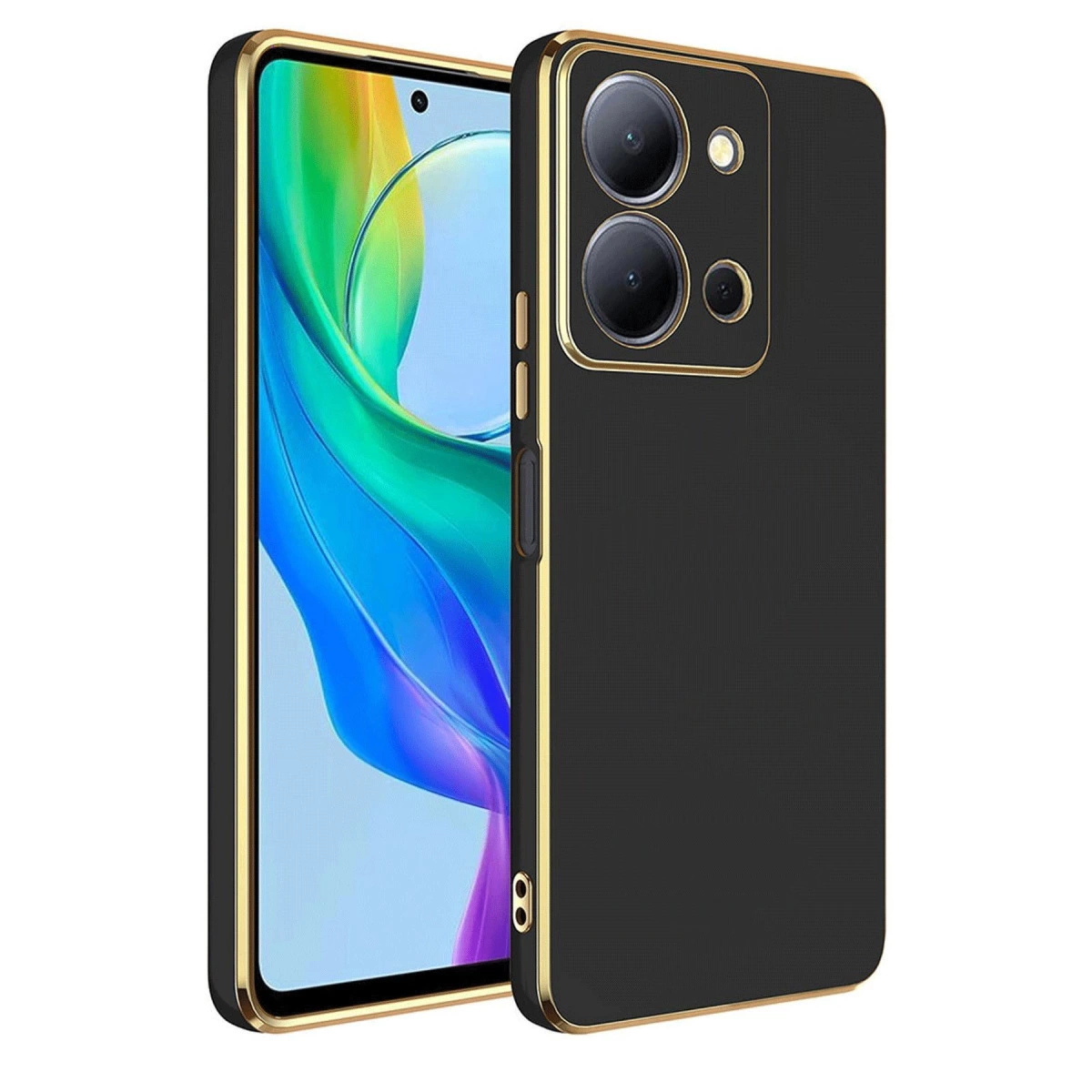 Altın çerçeveli, arkada üçlü kamera kurulumuna sahip siyah telefon.