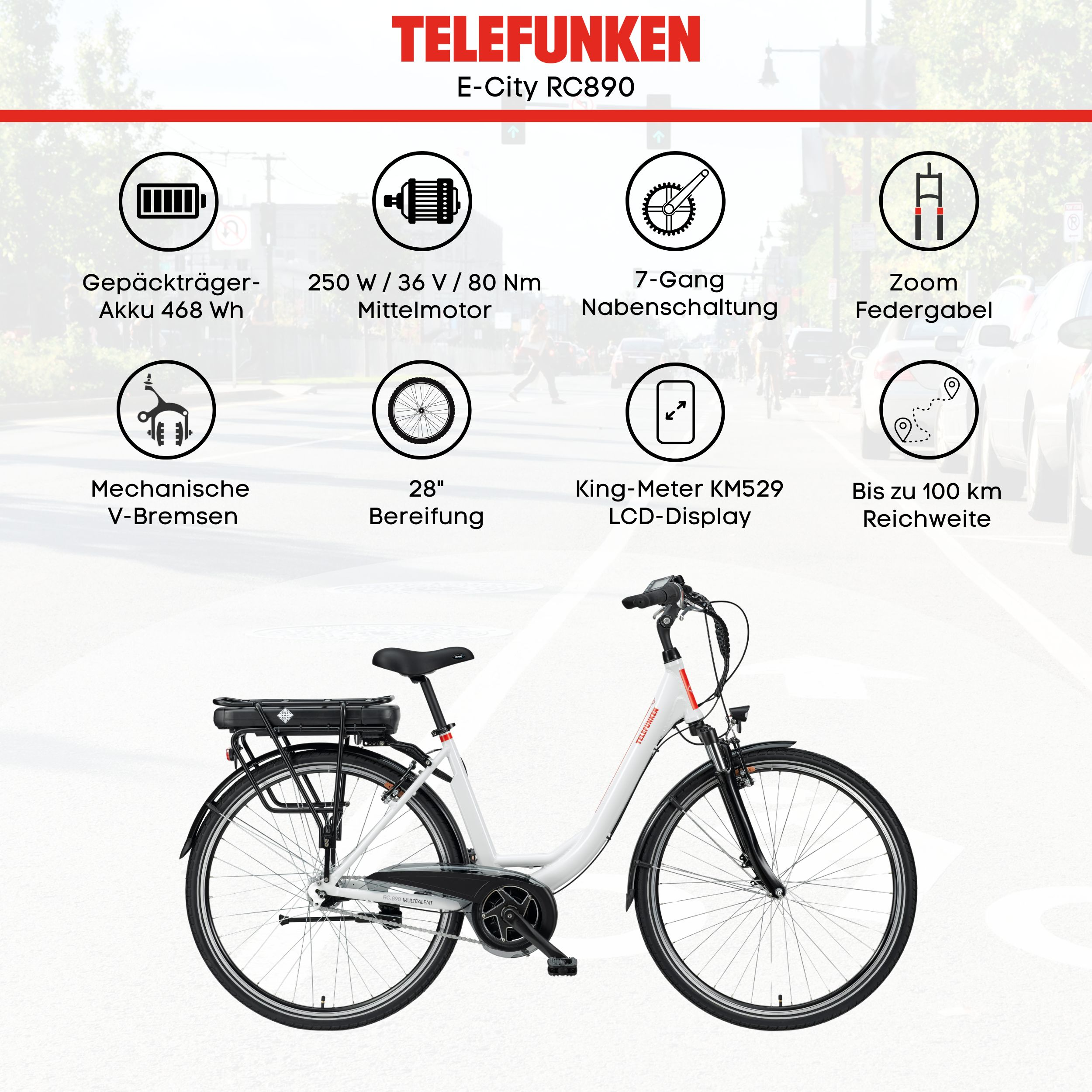 Ein weißes Telefunken E-City RC890 Fahrrad mit Gepäckträgerakku und technischen Details.
