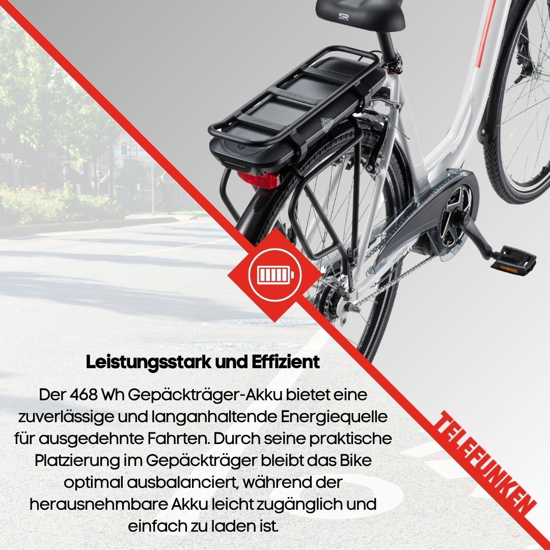 Ein weißes Fahrrad mit Gepäckträger-Akku und einem Akku-Symbol.