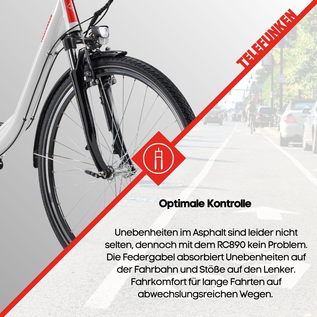 Ein weißes Fahrrad mit rotem Akzent und dem Schriftzug Telefunken.