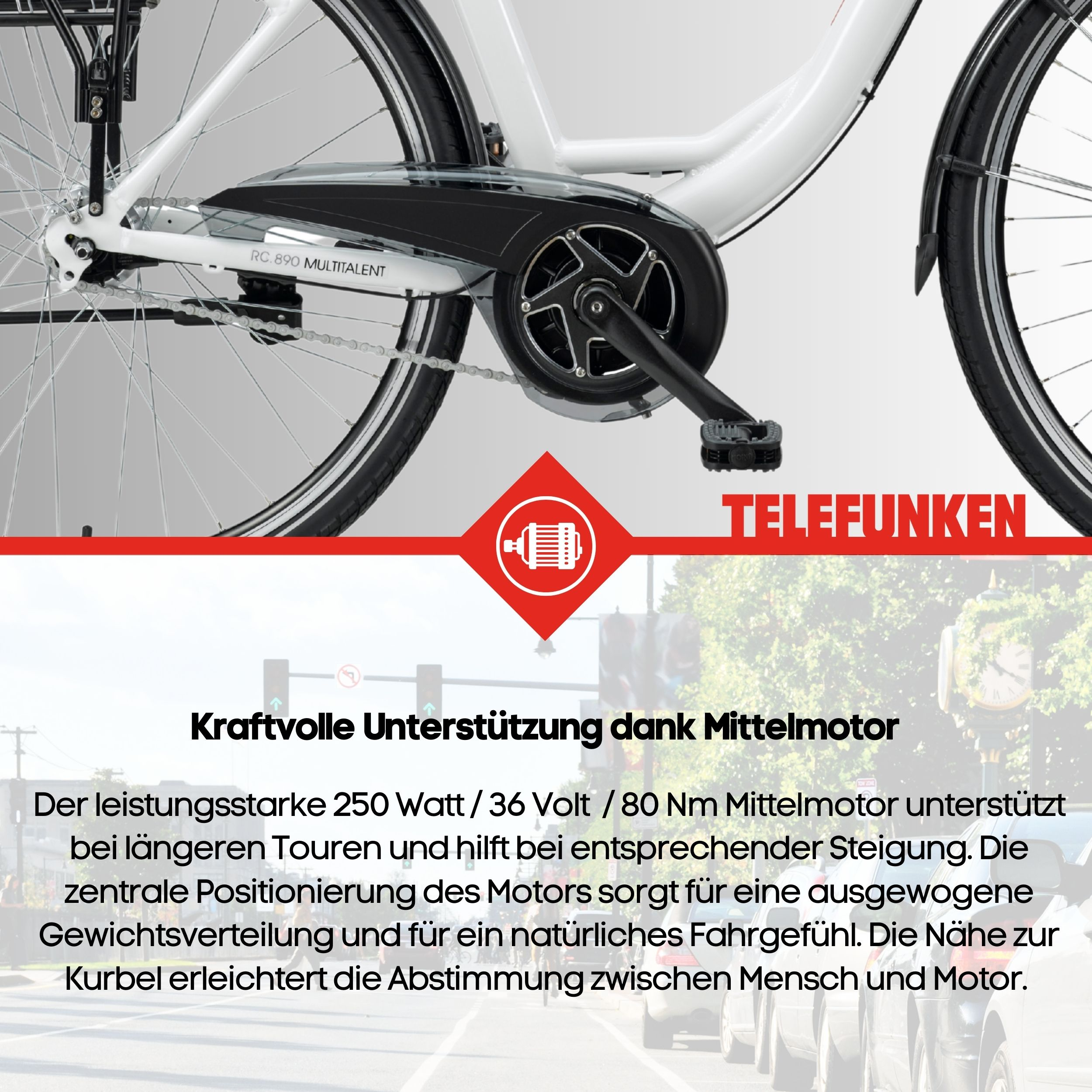 Weißes E-Bike mit Mittelmotor, Kette und Pedalen. Text erwähnt TELEFUNKEN.