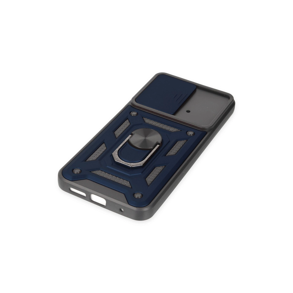 Halka tutuculu ve kayar kamera kapaklı lacivert telefon kılıfı.
