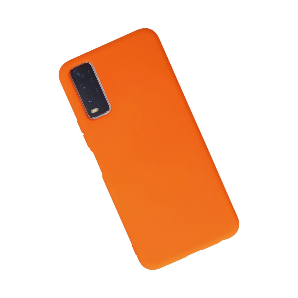 Siyah kamera modülüne sahip turuncu telefon kılıfı, beyaz zeminde.