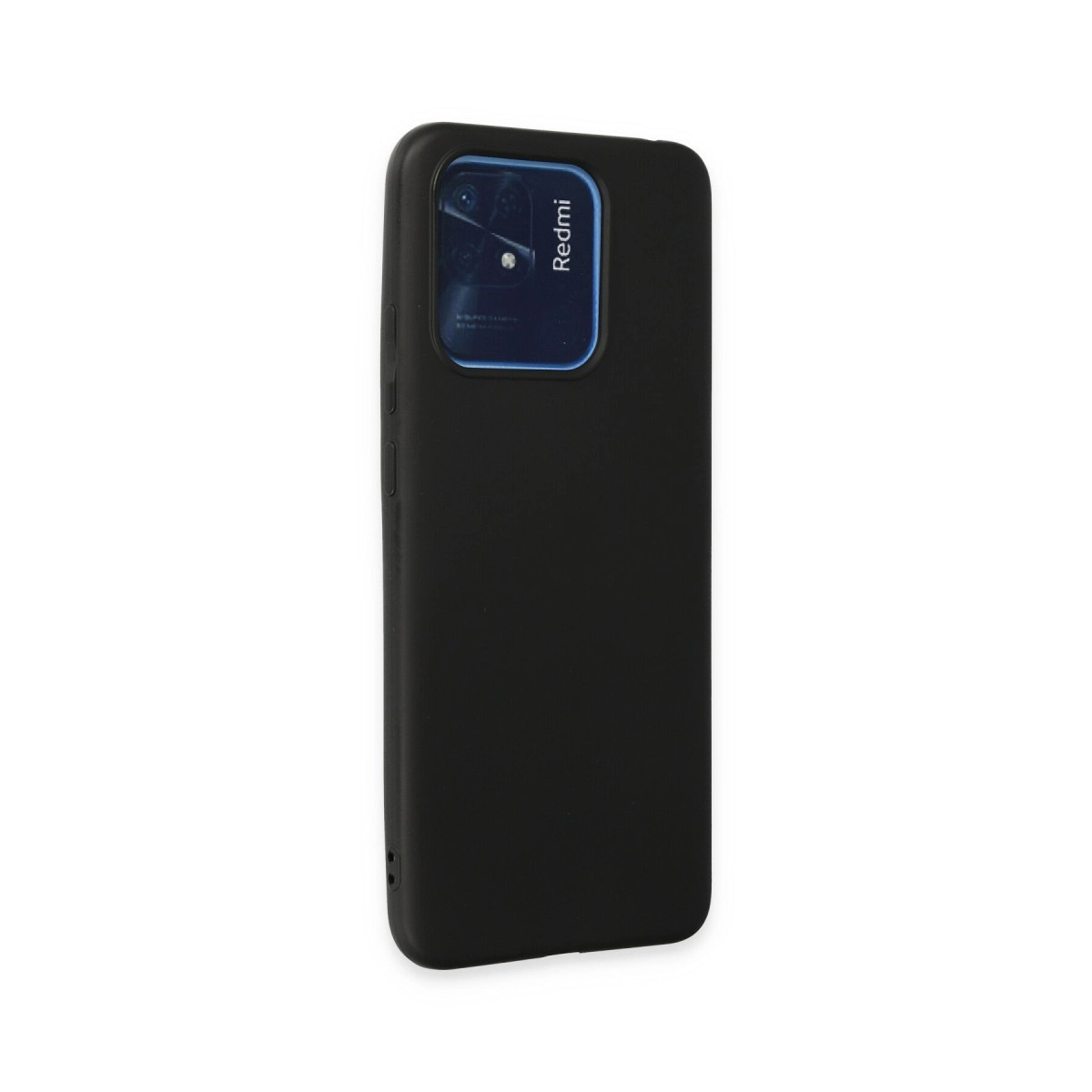 Beyaz arka plan üzerinde kamera modülü ve Redmi logosu bulunan siyah telefon kılıfı.