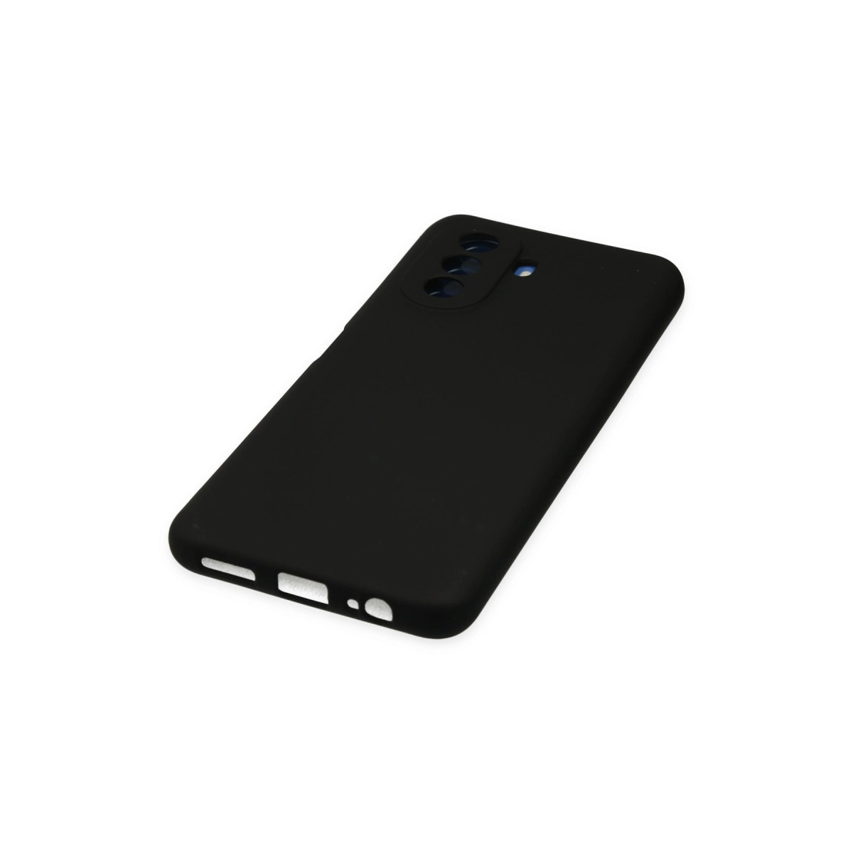 Üçlü kamera kesimli ve bağlantı noktası açıklıkları olan siyah telefon kılıfı.