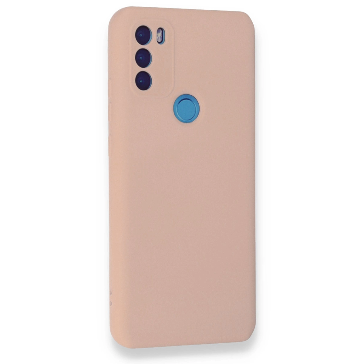 Üç kamera lensi ve mavi parmak izi sensörlü açık pembe telefon kılıfı.