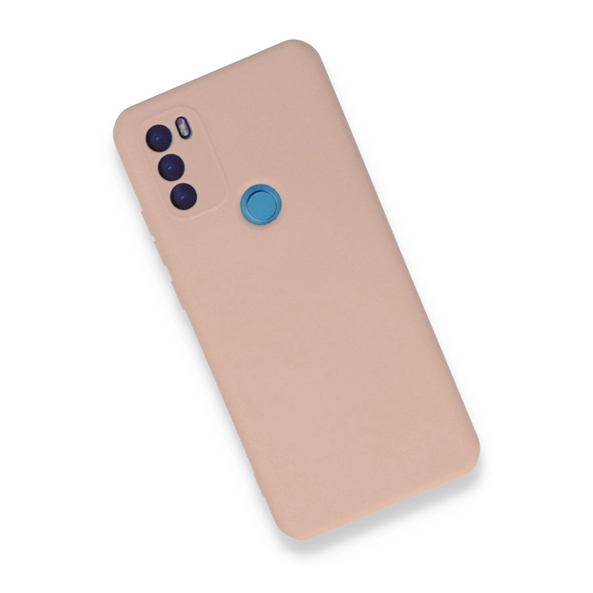 Üç kameralı ve mavi parmak izi sensörlü pembe telefon kılıfı.