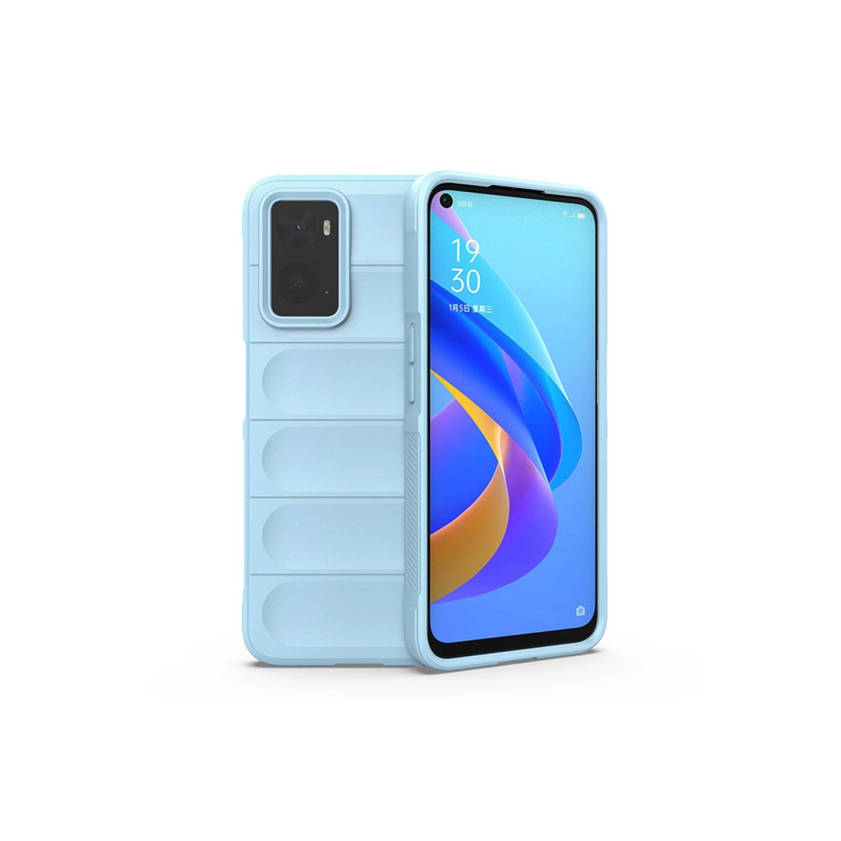 Arkası kanallı, kamera modüllü açık mavi telefon, beyaz zeminde gösteriliyor.