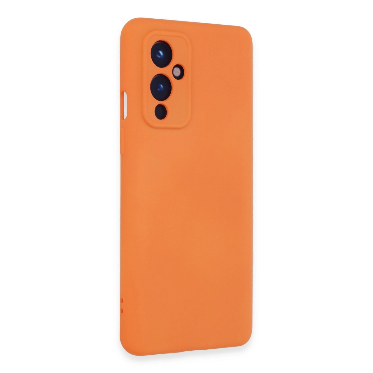 Arkası beyaz, turuncu renkli telefon kılıfı, kamera boşluklu.