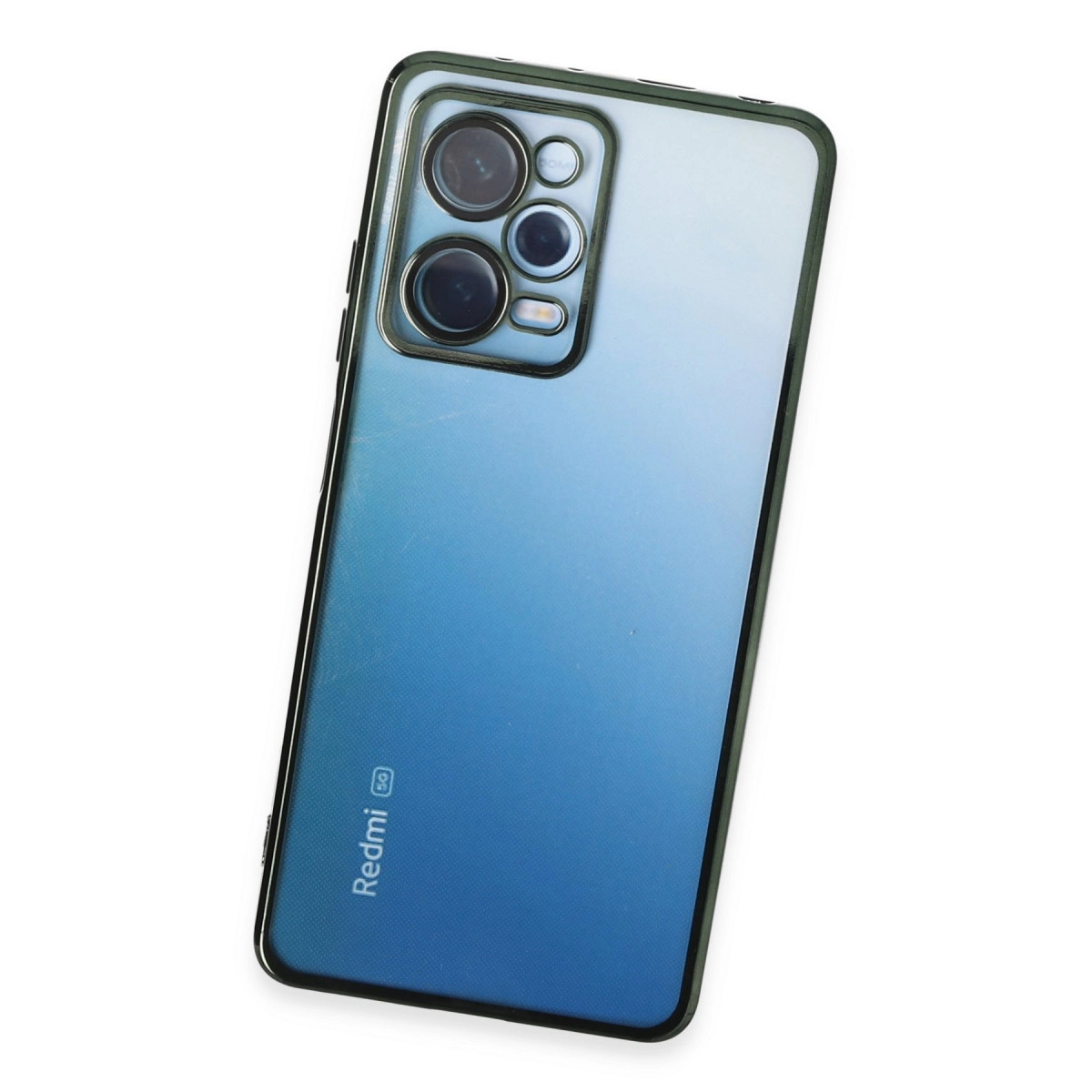 Kamera modülü ve "Redmi 5G" logosu bulunan mavi akıllı telefon arkası.