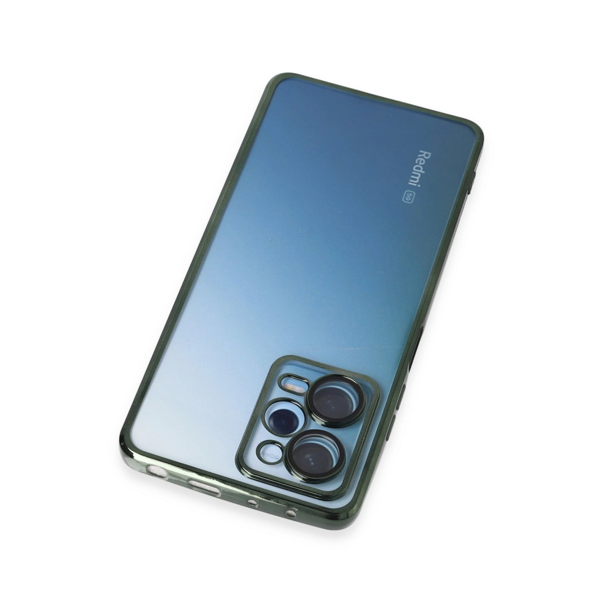 Üç kameralı mavi akıllı telefonun arkası ve Redmi logosu.