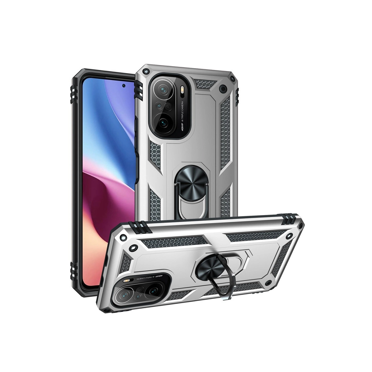 Halka tutuculu ve kamera kesimli gümüş telefon kılıfı.