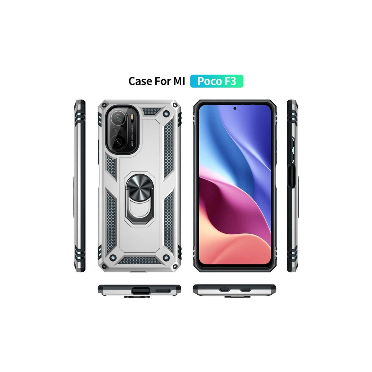Halka detaylı gümüş Poco F3 telefon kılıfı, çeşitli açılardan.