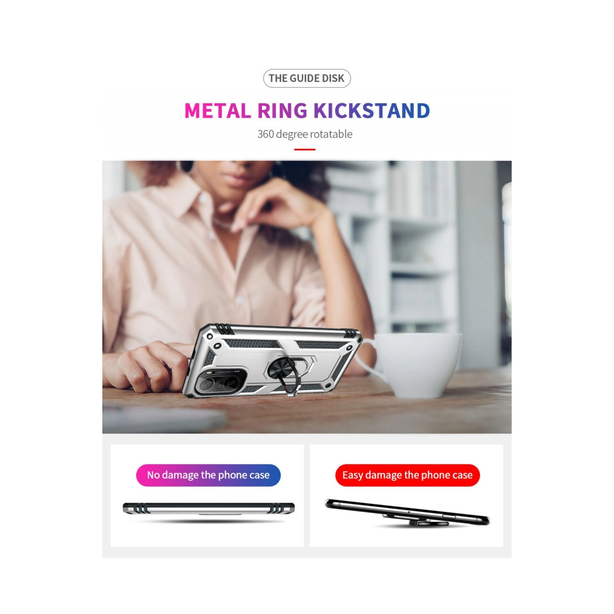 Ahşap masa üzerinde metal halkalı kickstand'lı gümüş telefon. Yakında bir fincan var.