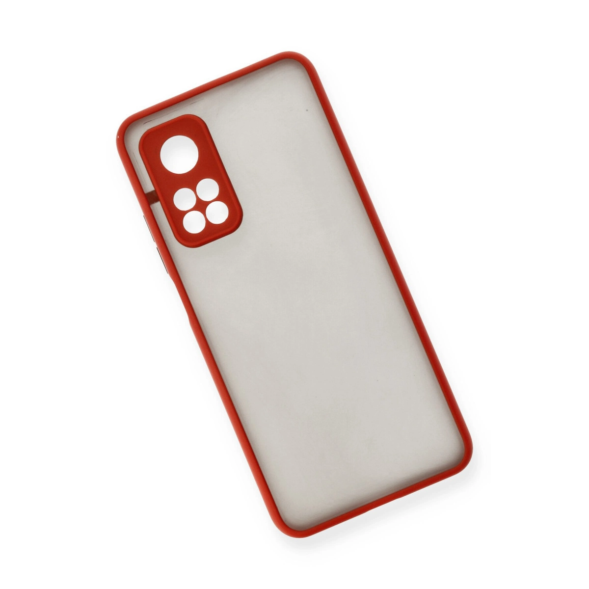 Kırmızı kenarlı ve kırmızı kamera yuvalı şeffaf telefon kılıfı.