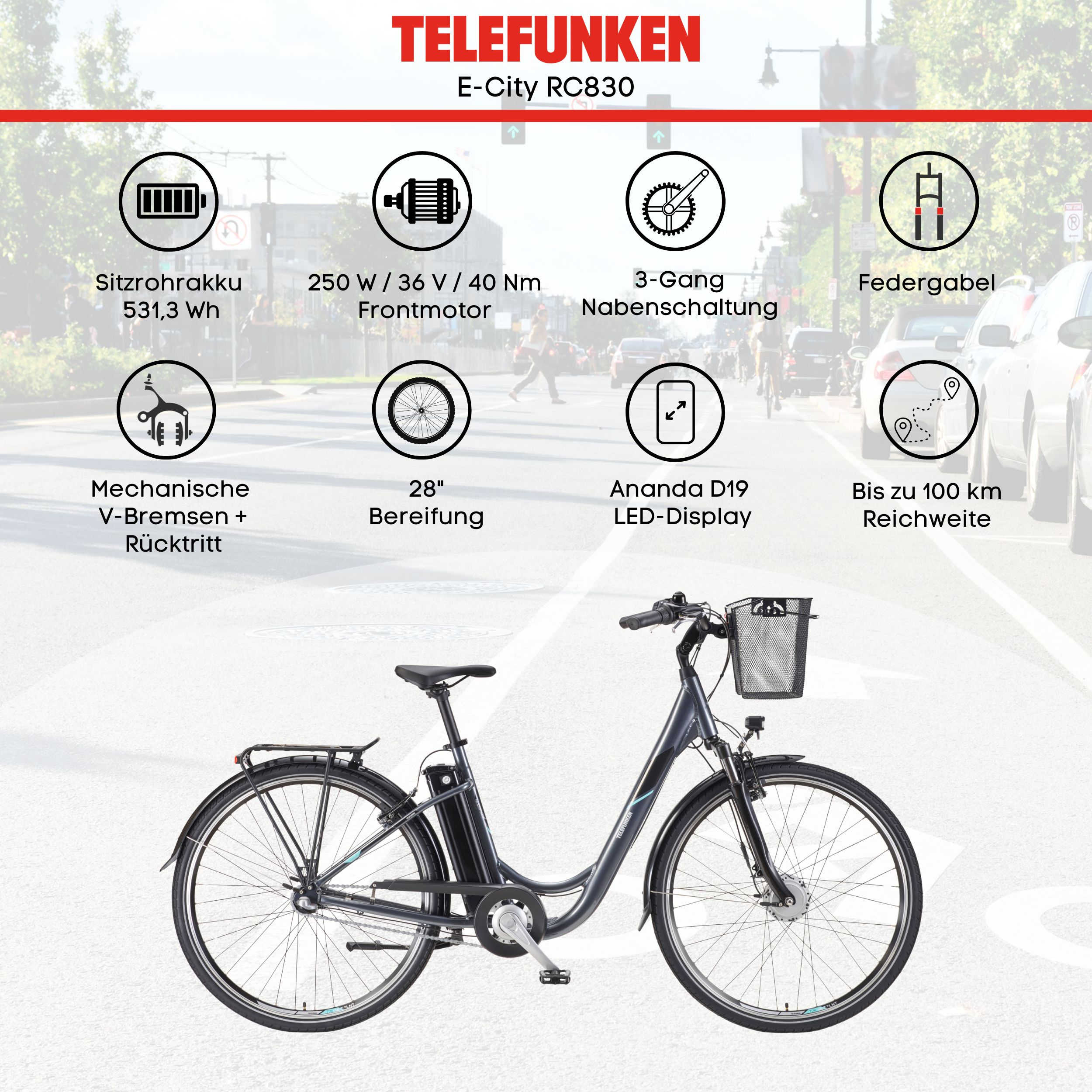 Ein graues Telefunken E-City RC830 Fahrrad mit Korb, Akku und technischen Details.