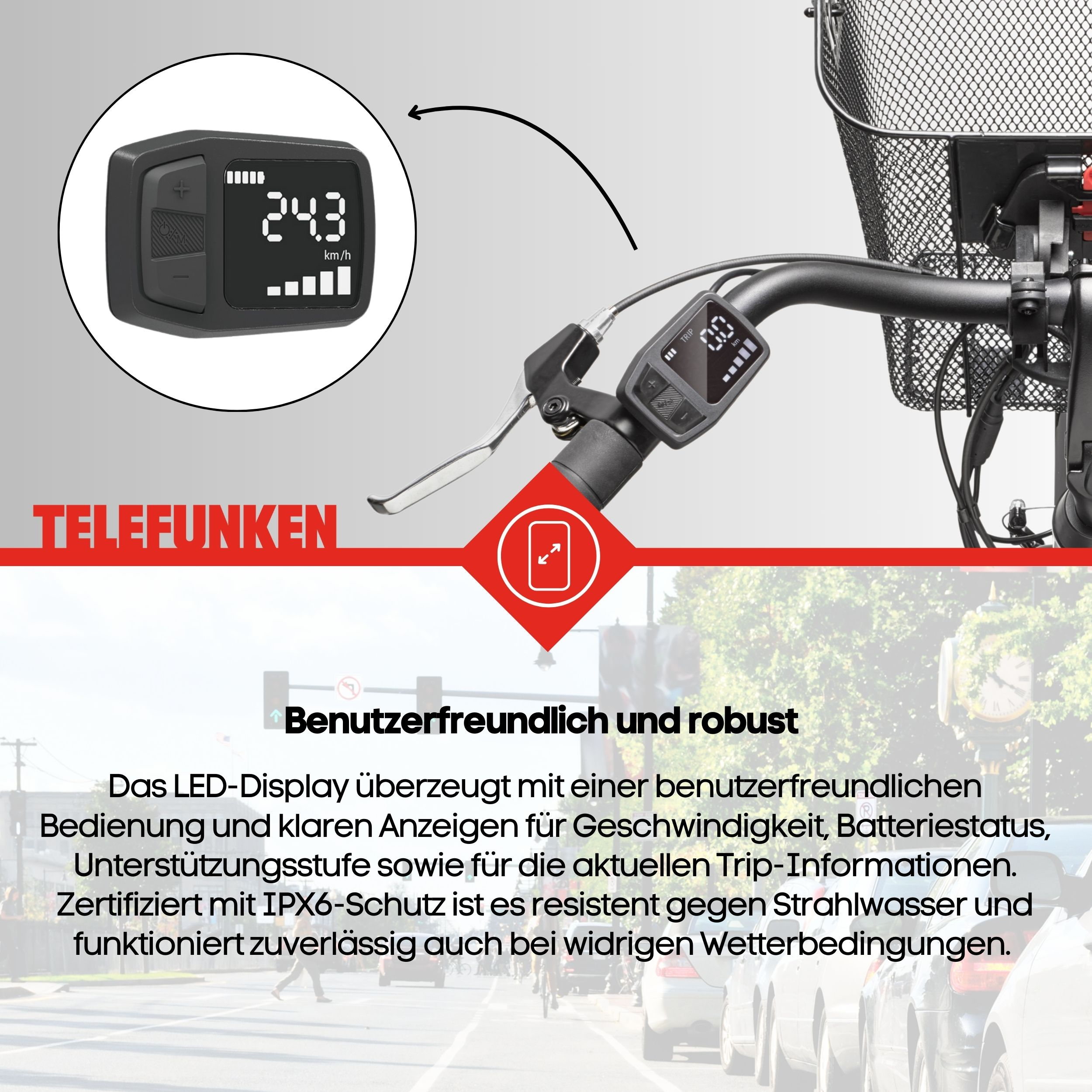 E-Bike Display mit Geschwindigkeit 24,3 km/h und Akku-Anzeige.