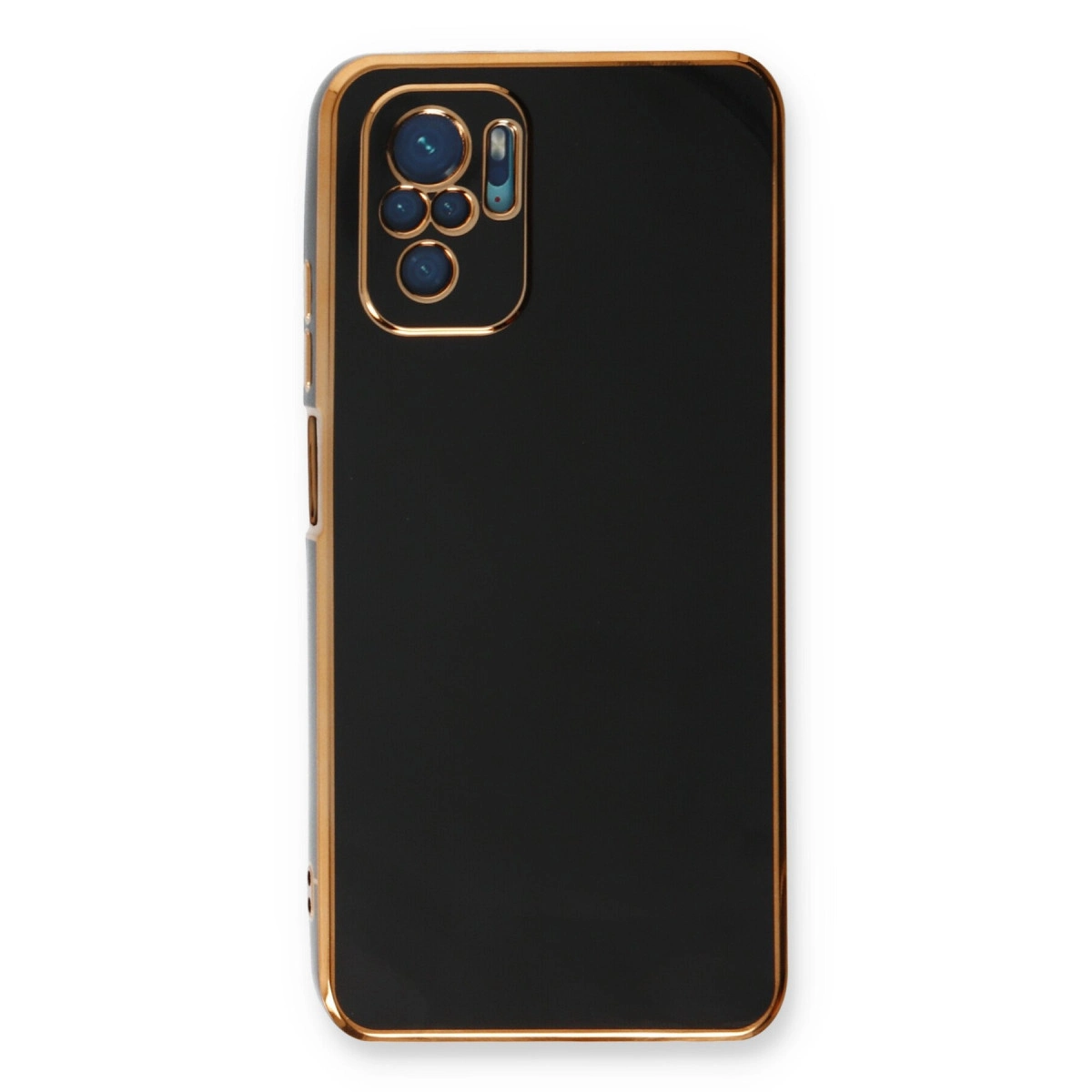 Altın çerçeveli ve kamera kesimli siyah telefon kılıfı.