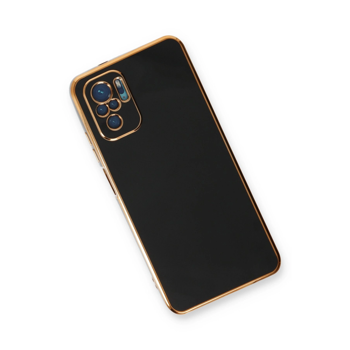 Altın çerçeveli ve kamera modüllü siyah telefon kılıfı.