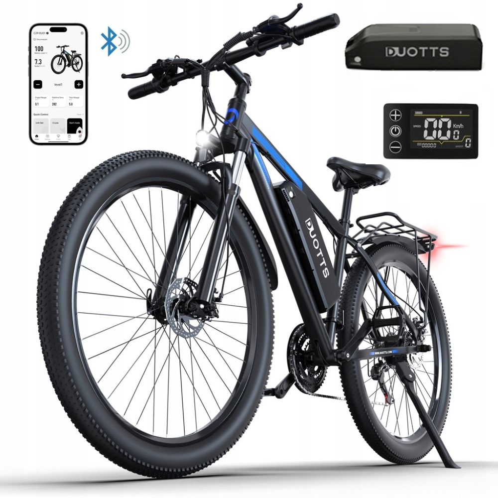 Bici elettrica nera con batteria staccabile, display e app per telefono.