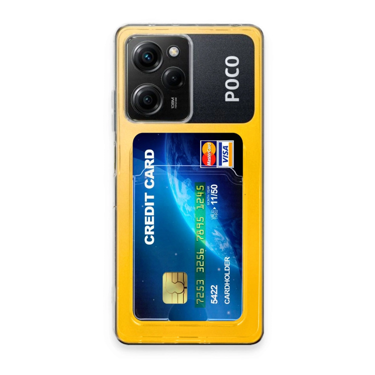 POCO logolu sarı telefon kılıfı ve Visa/Mastercard gösteren kredi kartı yuvası.