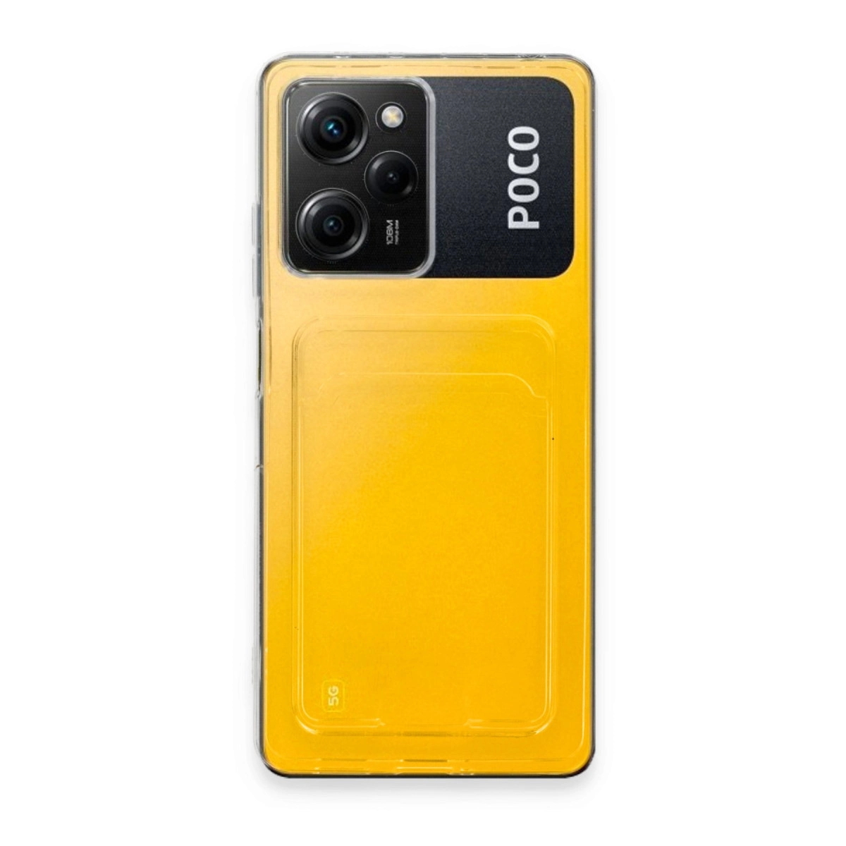 Arkada POCO logosu ve üç kamera lensi bulunan sarı akıllı telefon.