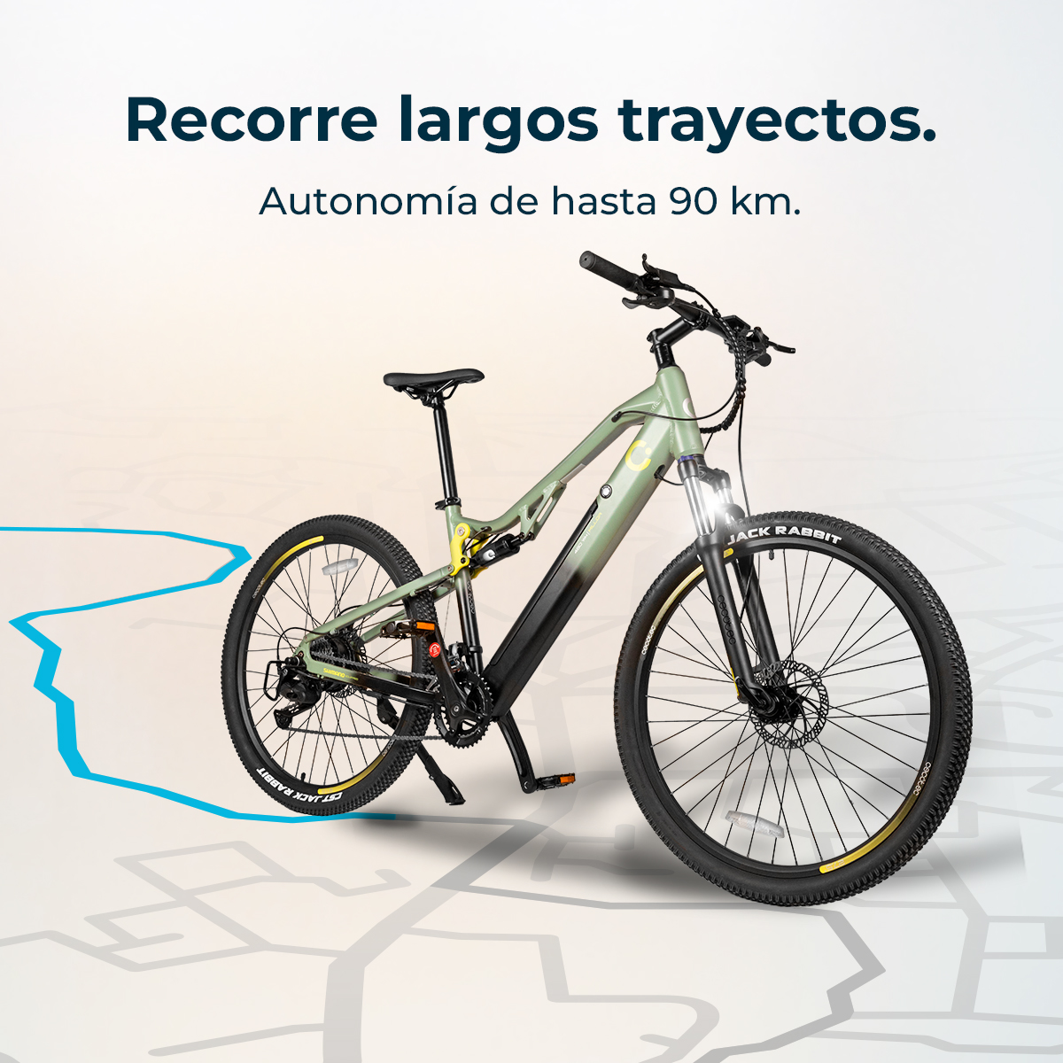 E-bike verde full-suspension su mappa con linea blu del percorso.