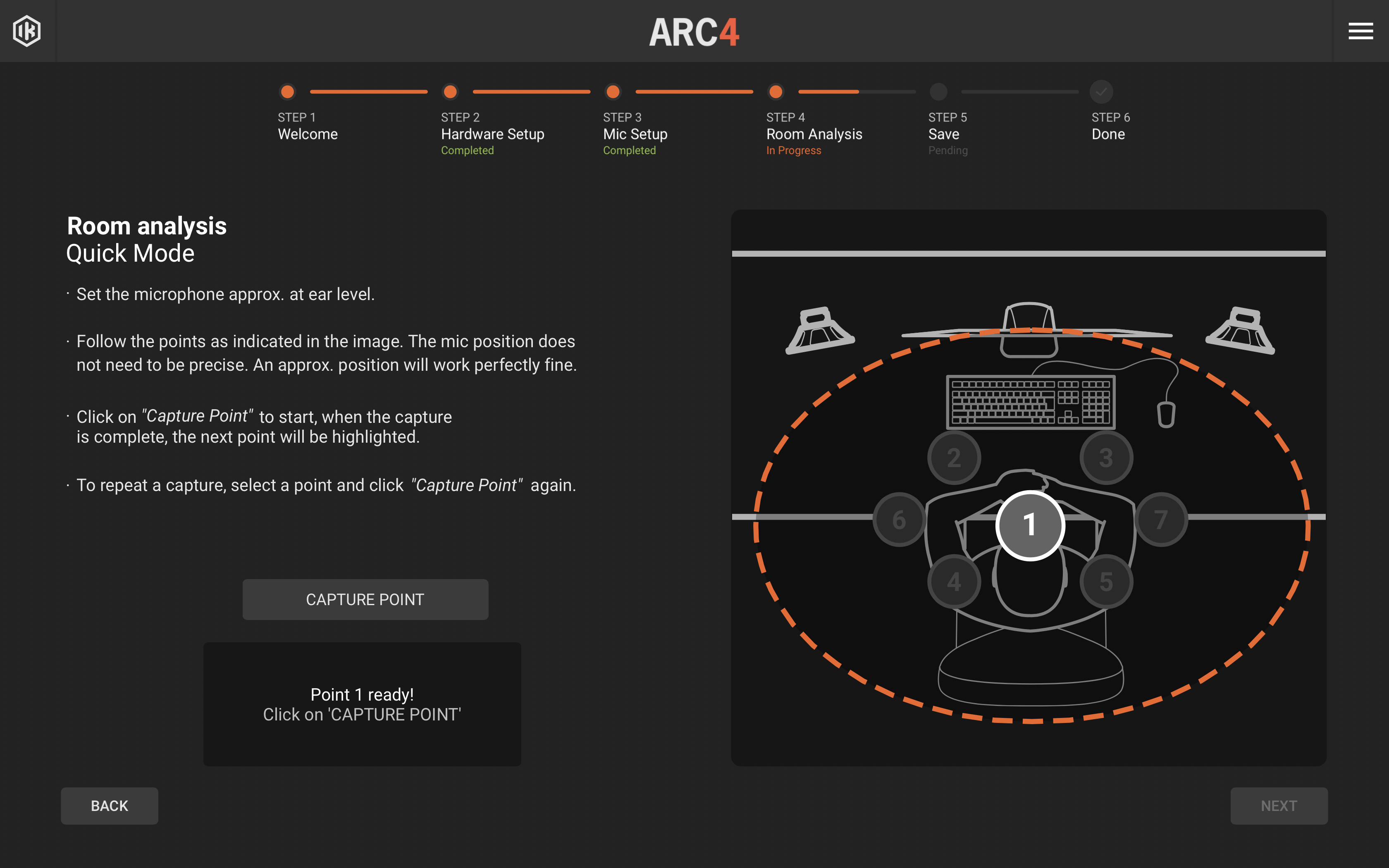 Passaggi analisi stanza: Benvenuto, Configurazione hardware, Configurazione microfono, Analisi stanza, Salva, Fatto.
