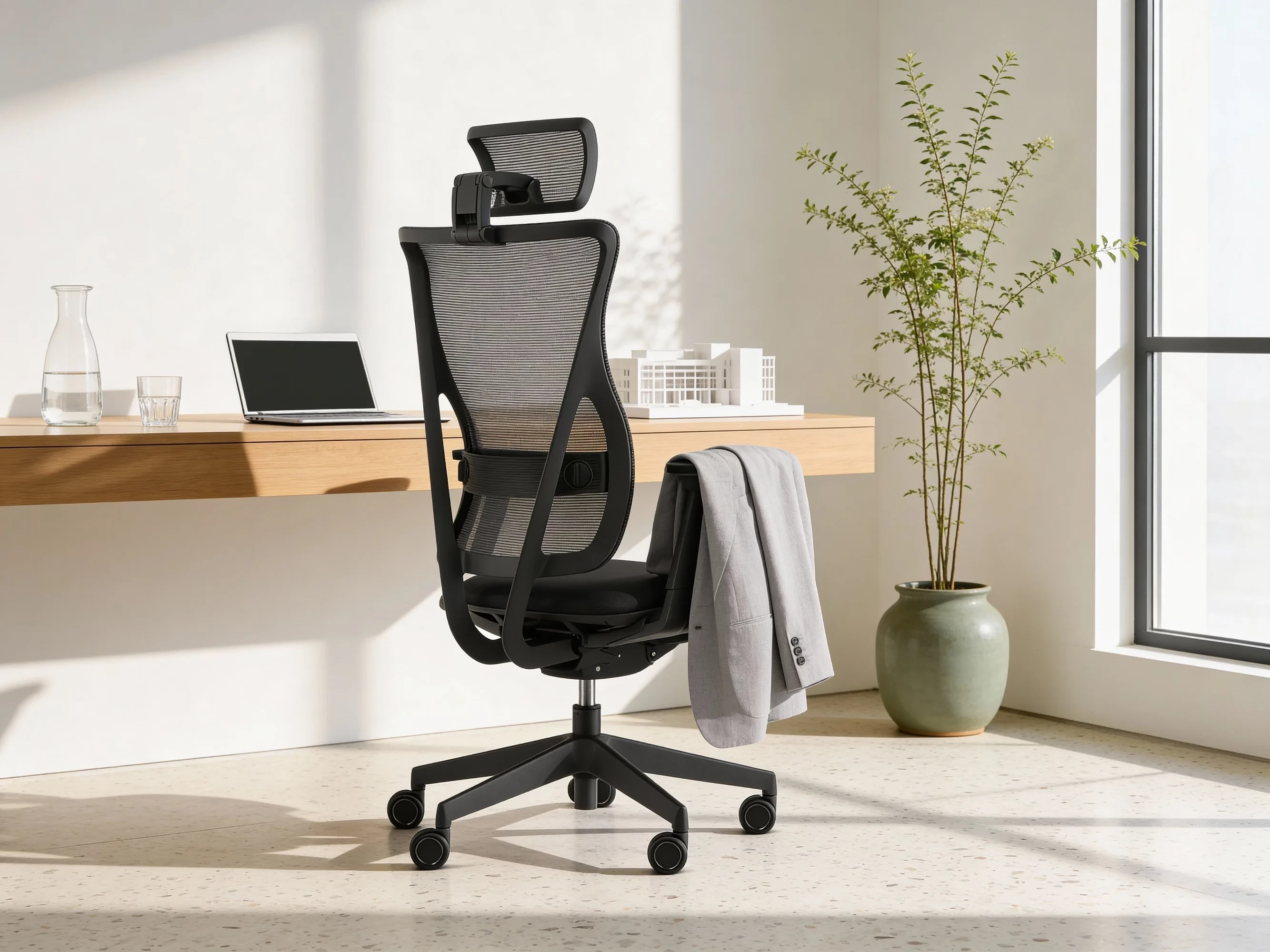 Czarny fotel biurowy przed biurkiem z laptopem, karafką i rośliną.