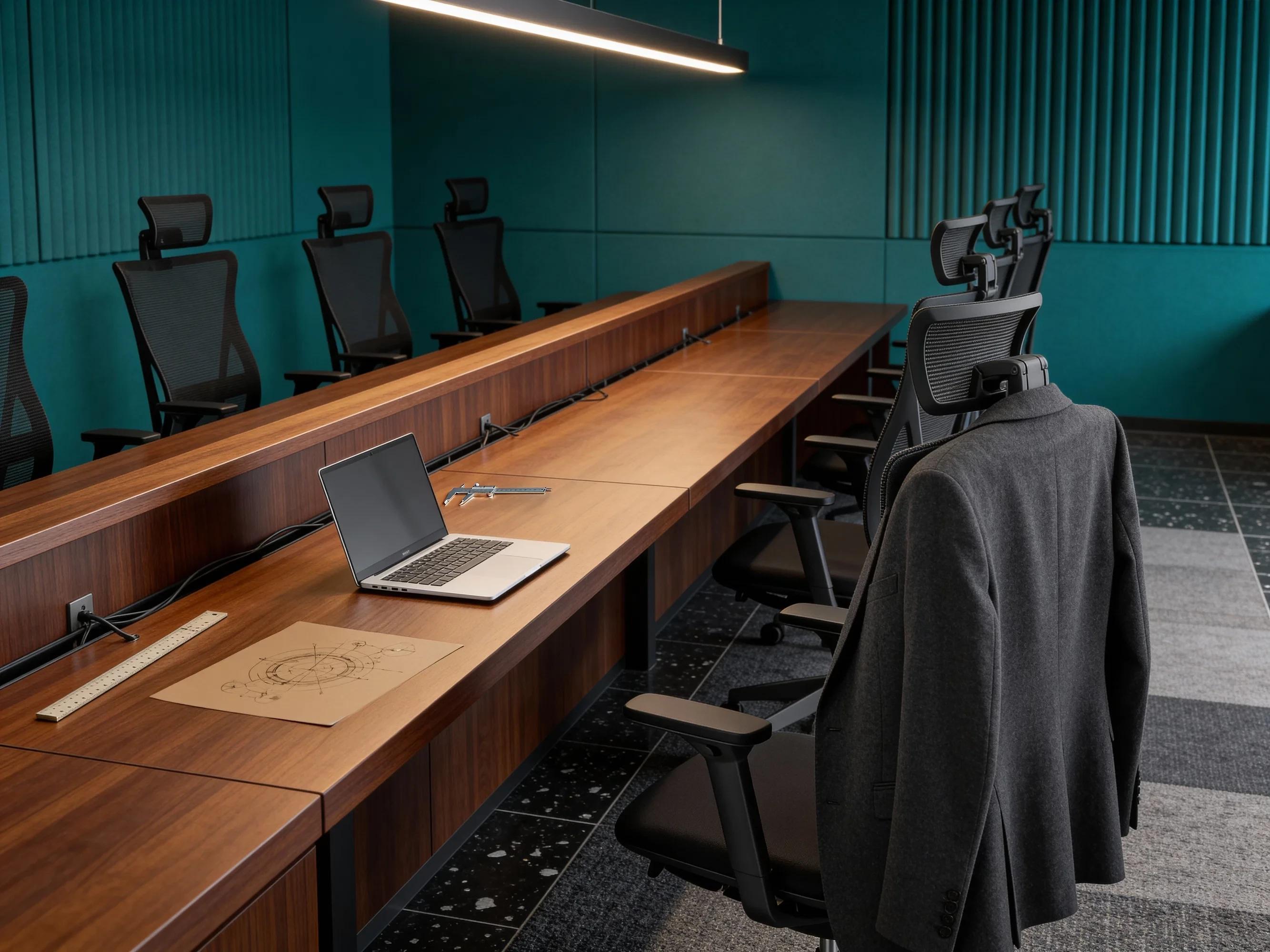 Nowoczesne pomieszczenie konferencyjne ze stołem drewnianym, laptopami, krzesłami i rysunkiem technicznym.