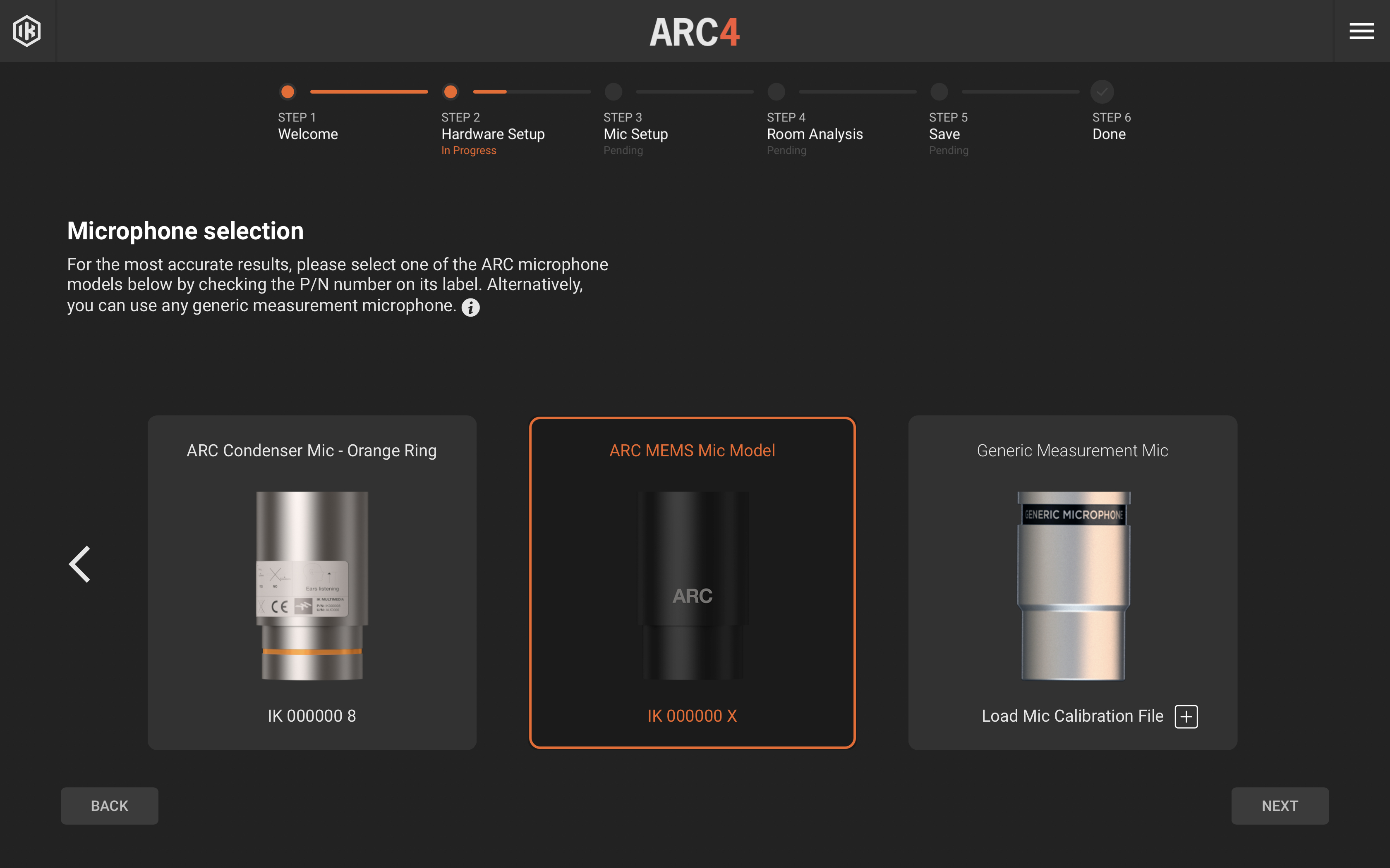 Software ARC4: schermata di selezione microfono con tre opzioni: Anello Arancione, MEMS e Generico.