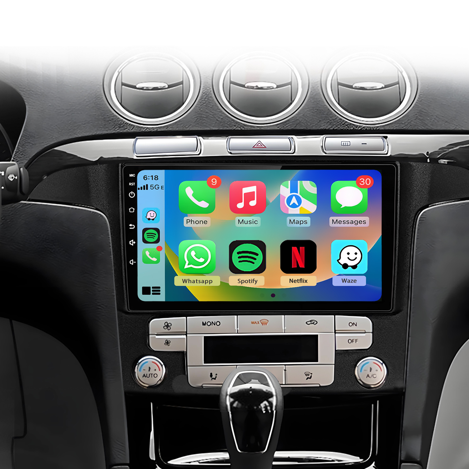 Auto-Armaturenbrett-Touchscreen mit Apps: Telefon, Musik, Karten, Nachrichten, Whatsapp, Spotify, Netflix, Waze.