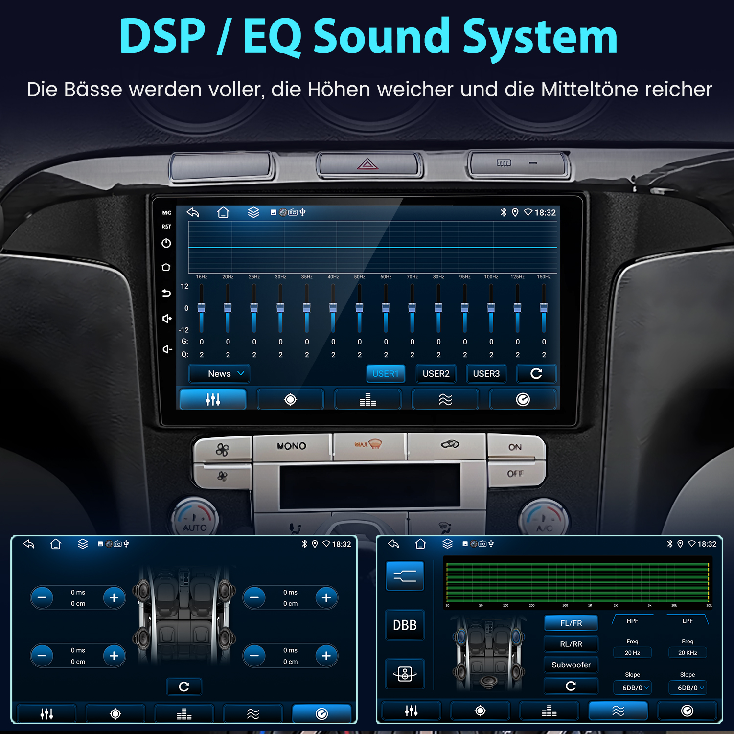 Armaturenbrett mit Touchscreen-Display, das eine EQ-Sound-System-Anwendung anzeigt.