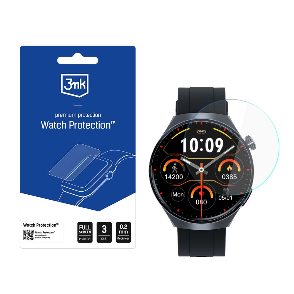 Opakowanie ochrony ekranu po lewej, smartwatch po prawej z tarczą.