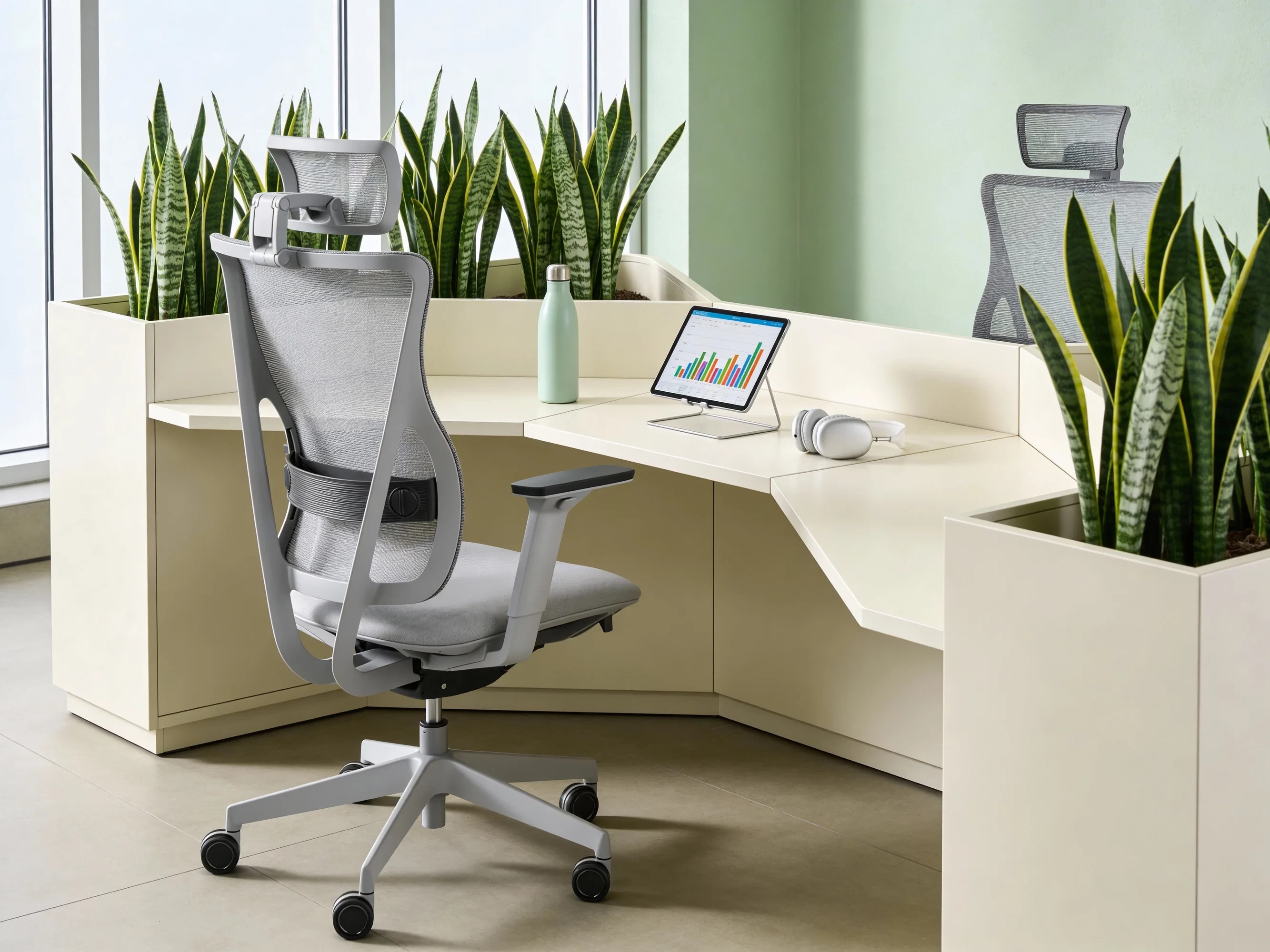 Nowoczesne krzesło biurowe obok biurka z laptopem i roślinami.