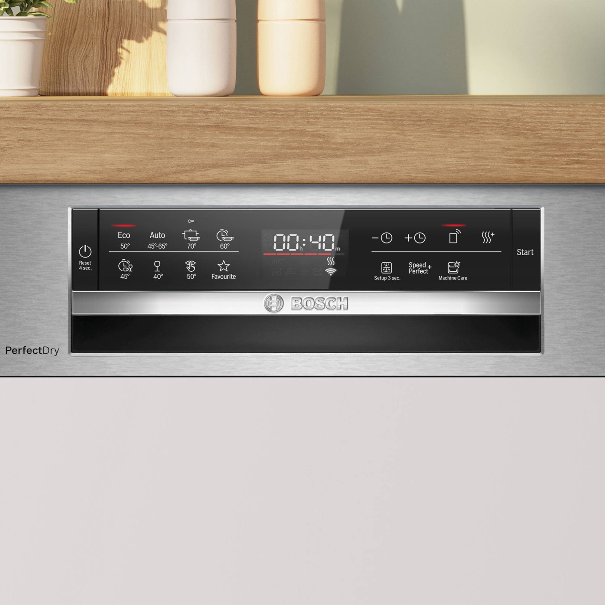 Bosch Geschirrspüler Bedienfeld mit Programmen, Zeit und Startknopf.