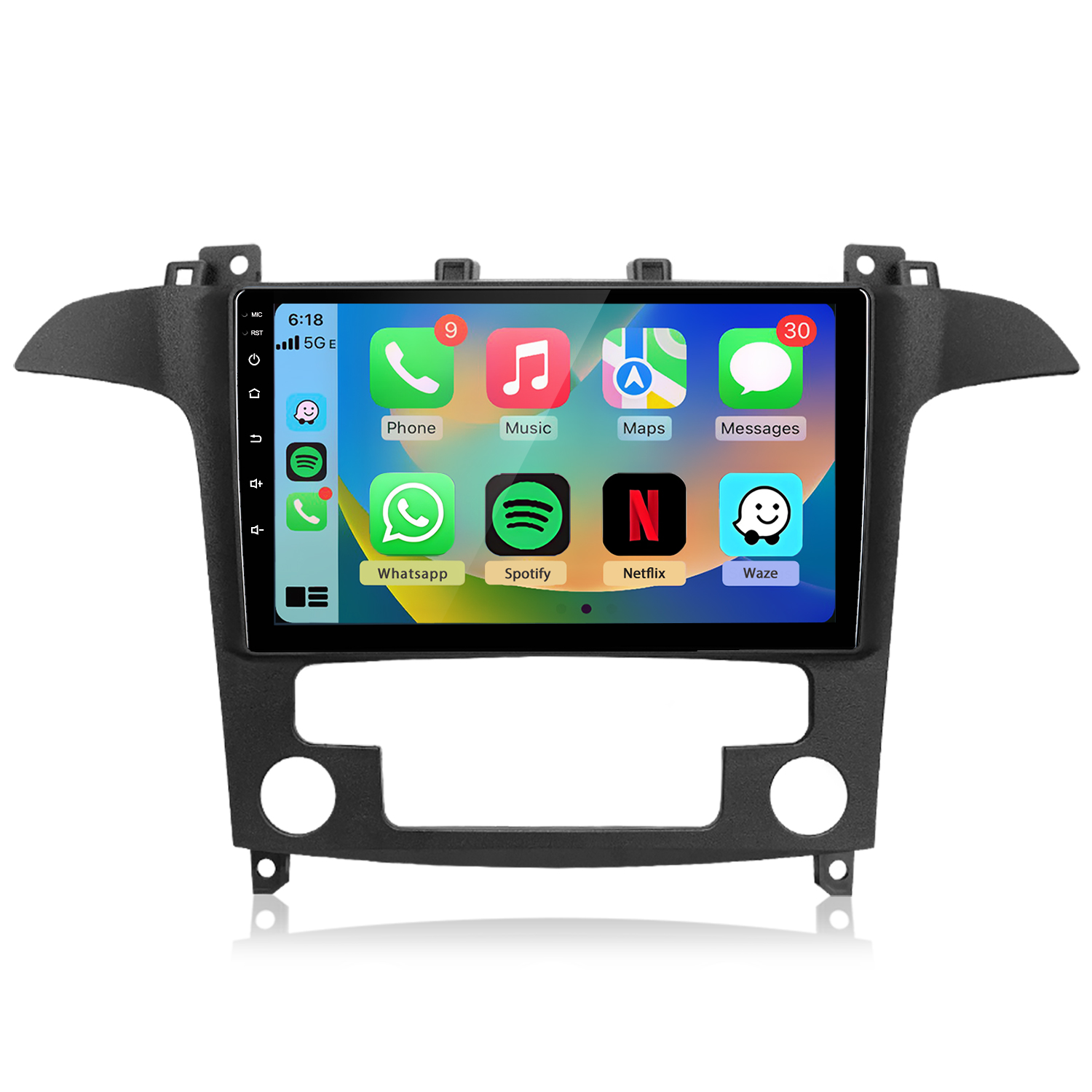 Schermo infotainment auto nero con icone app come Telefono, Musica, Mappe, Messaggi.