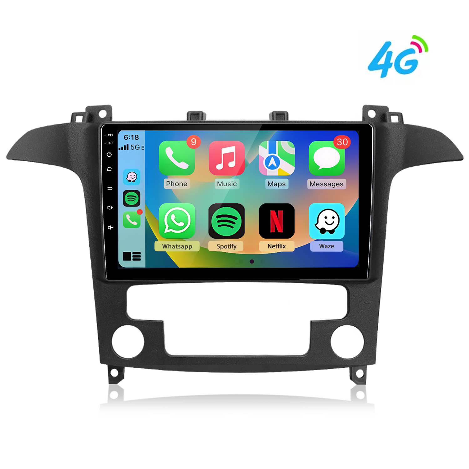Ein schwarzes Autoradio-Display mit App-Symbolen wie Telefon, Musik, Karten, Nachrichten.