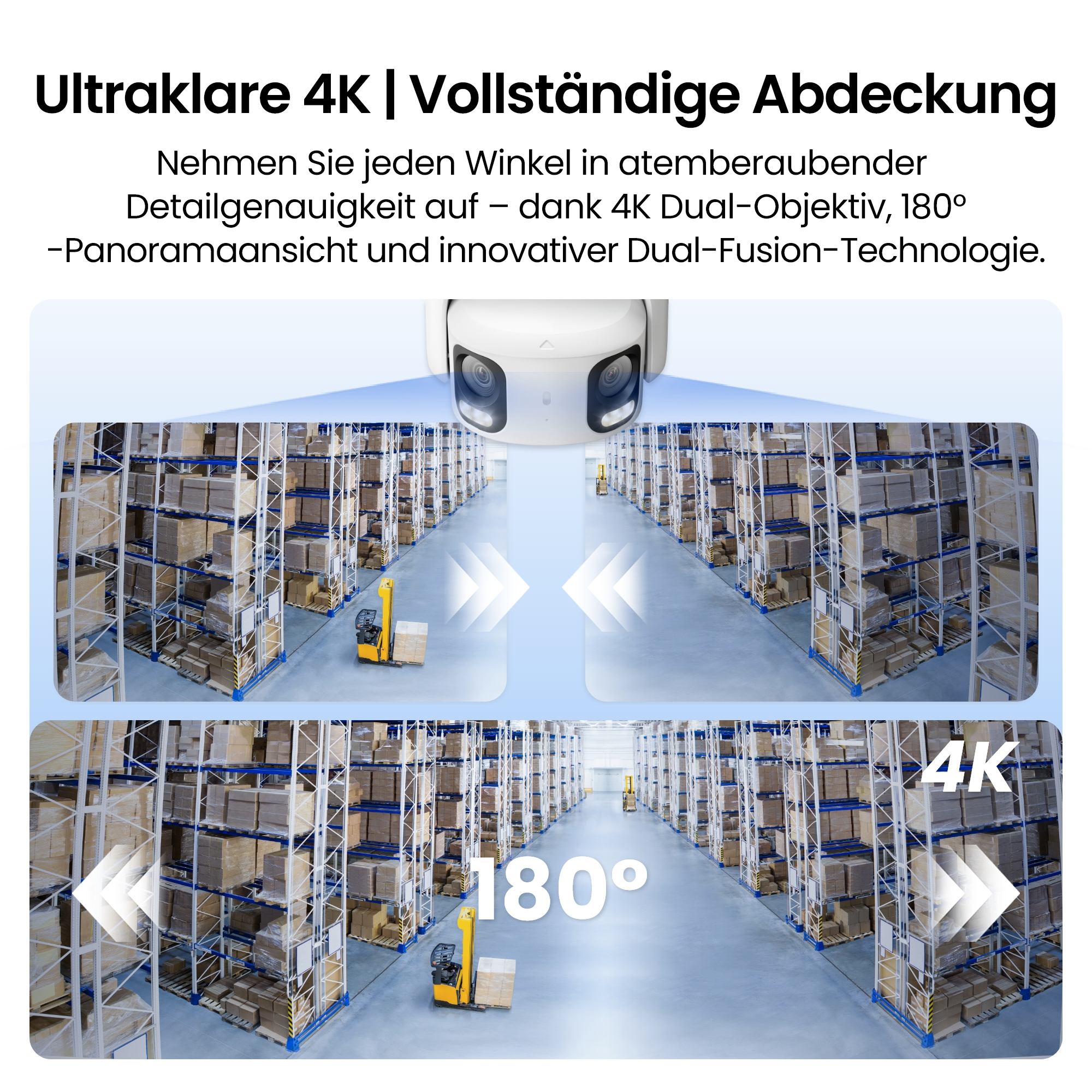 Überwachungskamera mit 4K-Auflösung und 180°-Sicht in einem Lagerhaus.