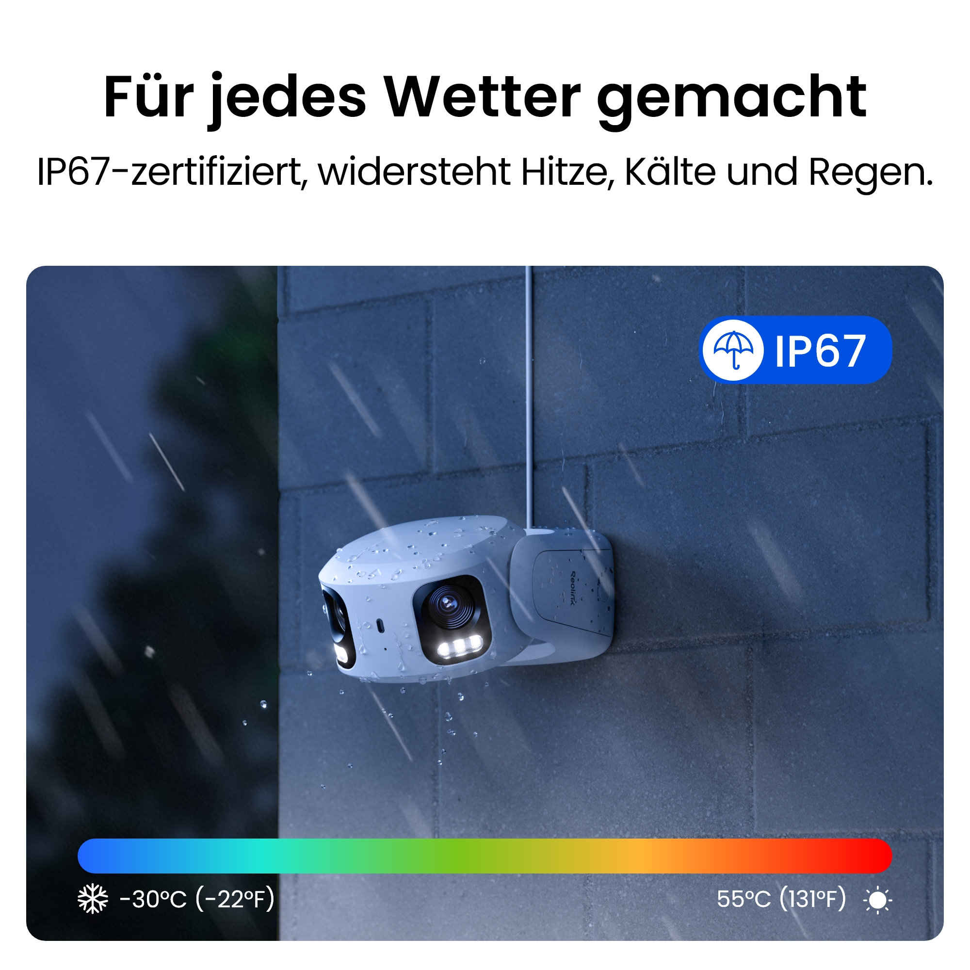 Weiße Überwachungskamera mit IP67-Schutz, zeigt Temperaturbereich an.