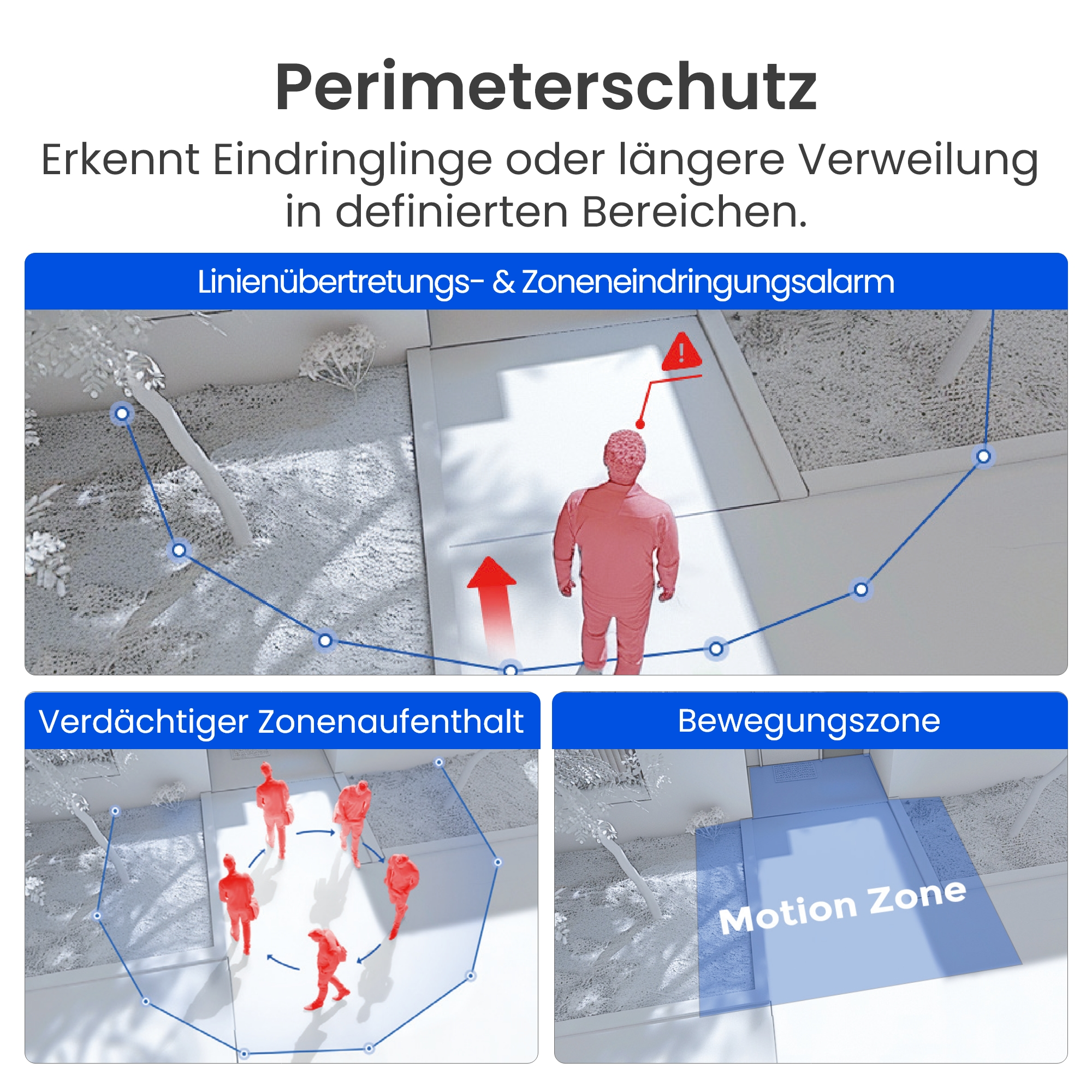 Protezione perimetrale: attraversamento linea, allarmi zona, presenza sospetta, zona di movimento.