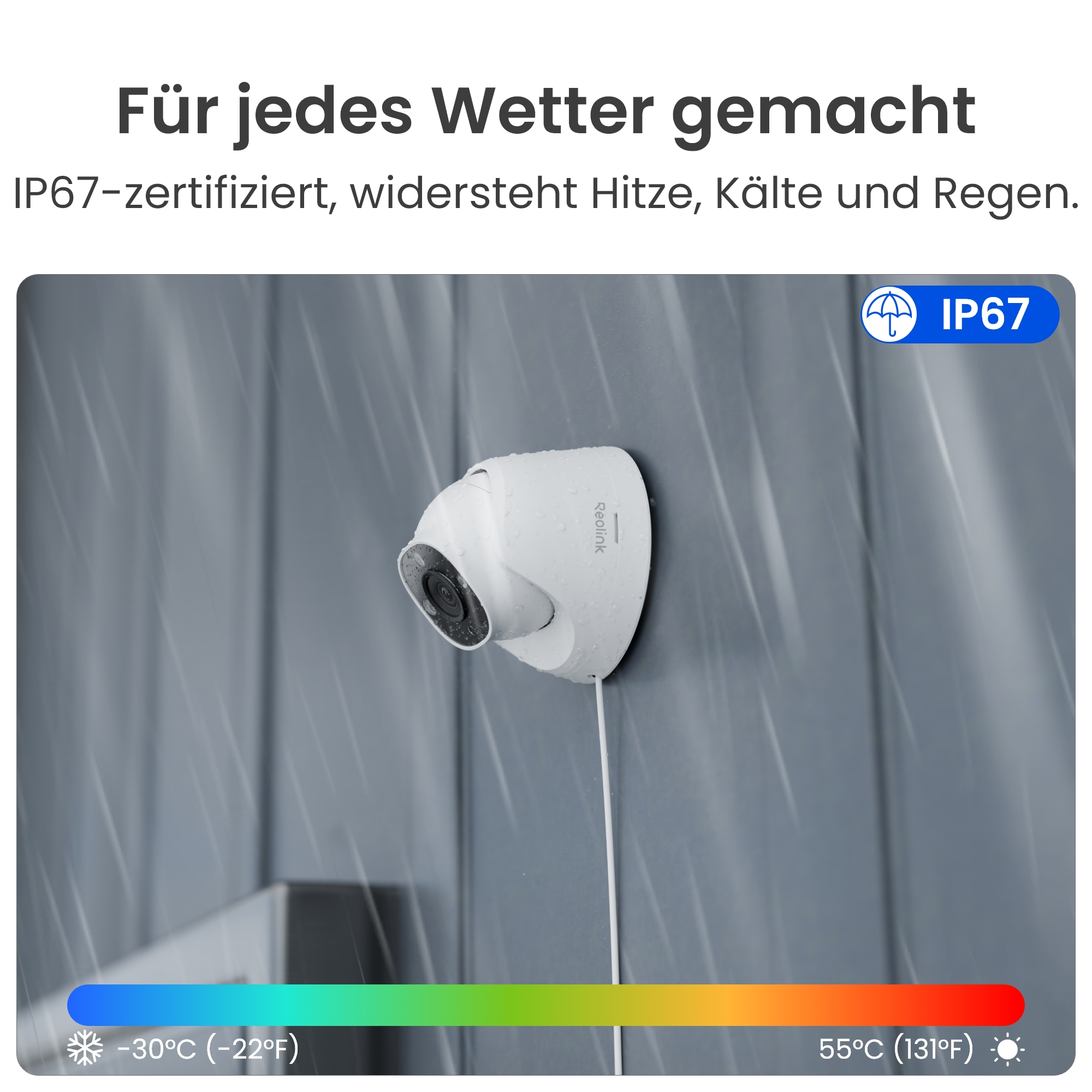 Eine weiße Reolink-Kamera mit IP67-Zertifizierung im Regen.
