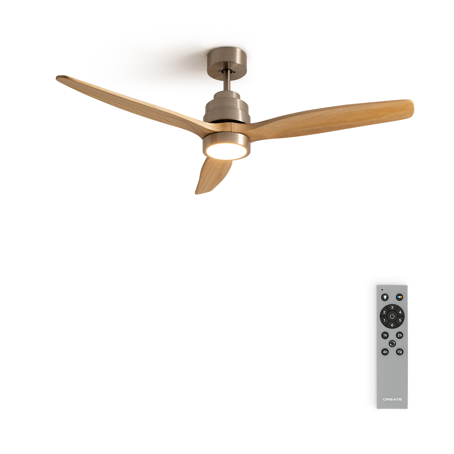 Ventilador de techo con aspas de madera y luz LED, con mando a distancia.