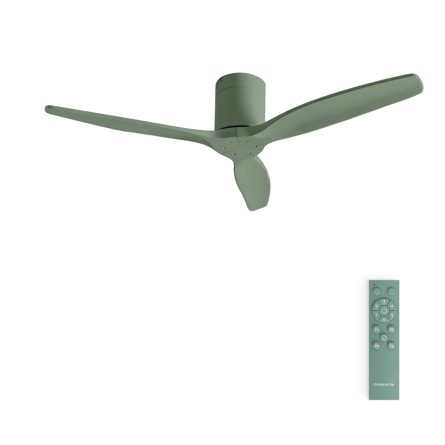 Ventilador de techo verde con mando a distancia sobre fondo blanco.